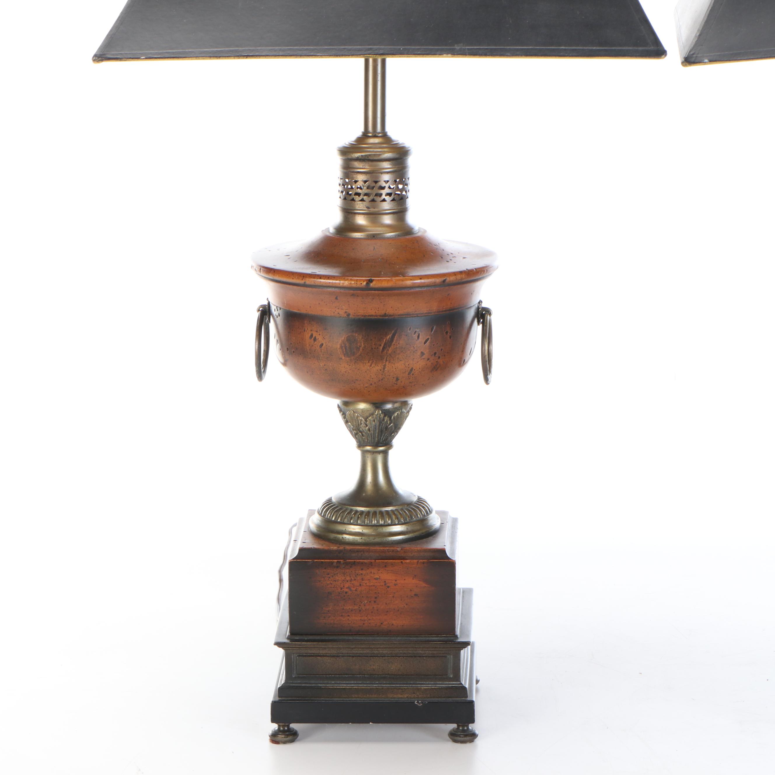 Frederick Cooper Brass and Wood Urn Table Lamps with Black Paper Shades