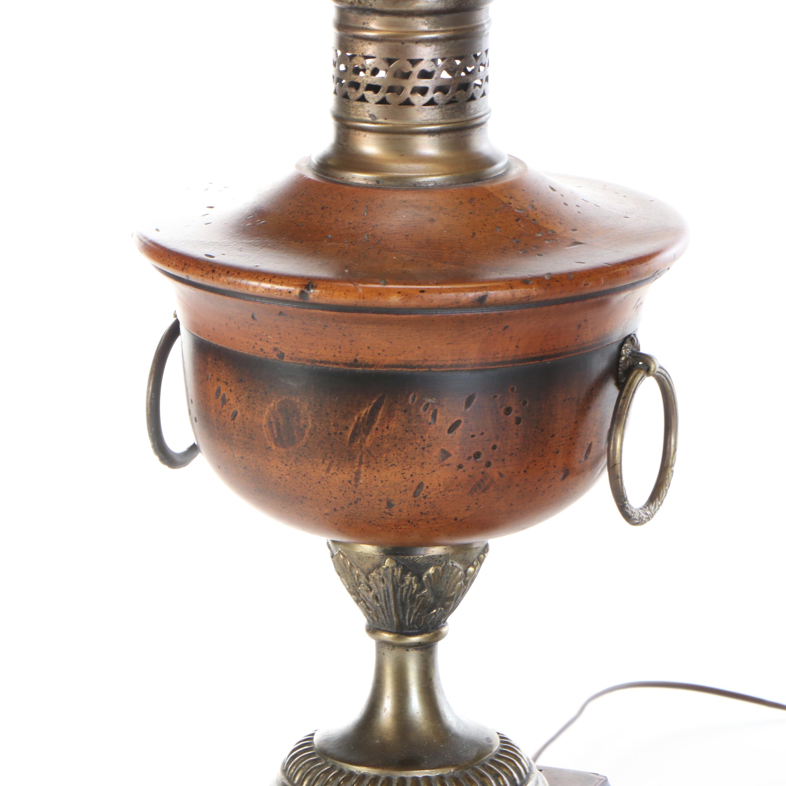 Frederick Cooper Brass and Wood Urn Table Lamps with Black Paper Shades