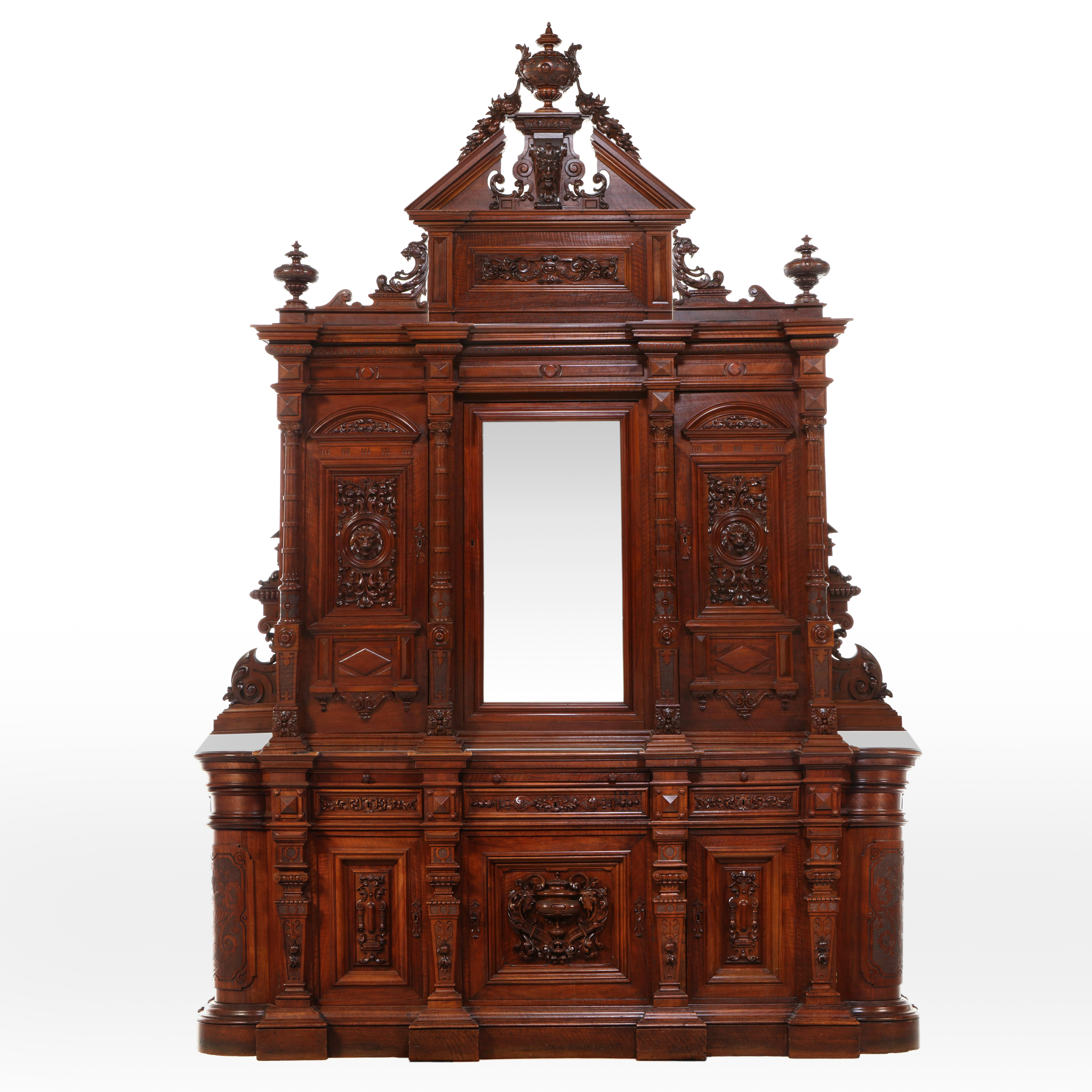 Italian Renaissance Revival Walnut Court Cupboard with Marble Draw Leaves