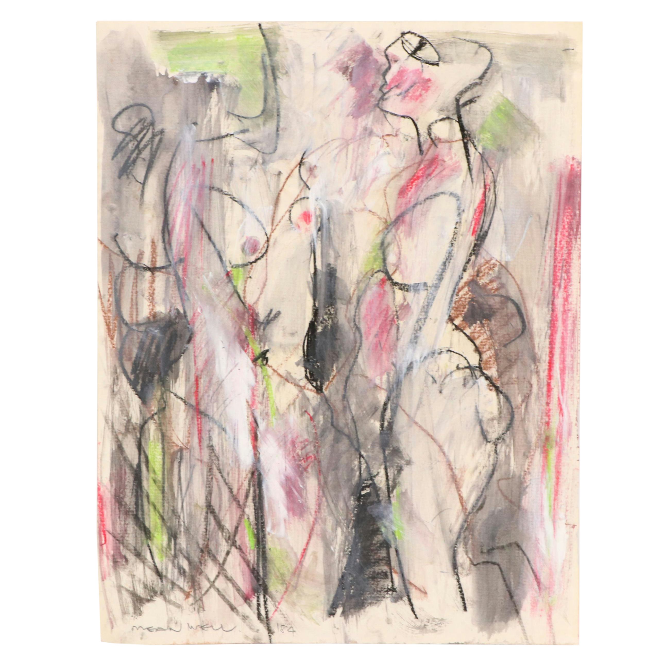 Jack Meanwell Abstract Figurative Mixed Media Drawing, 1984