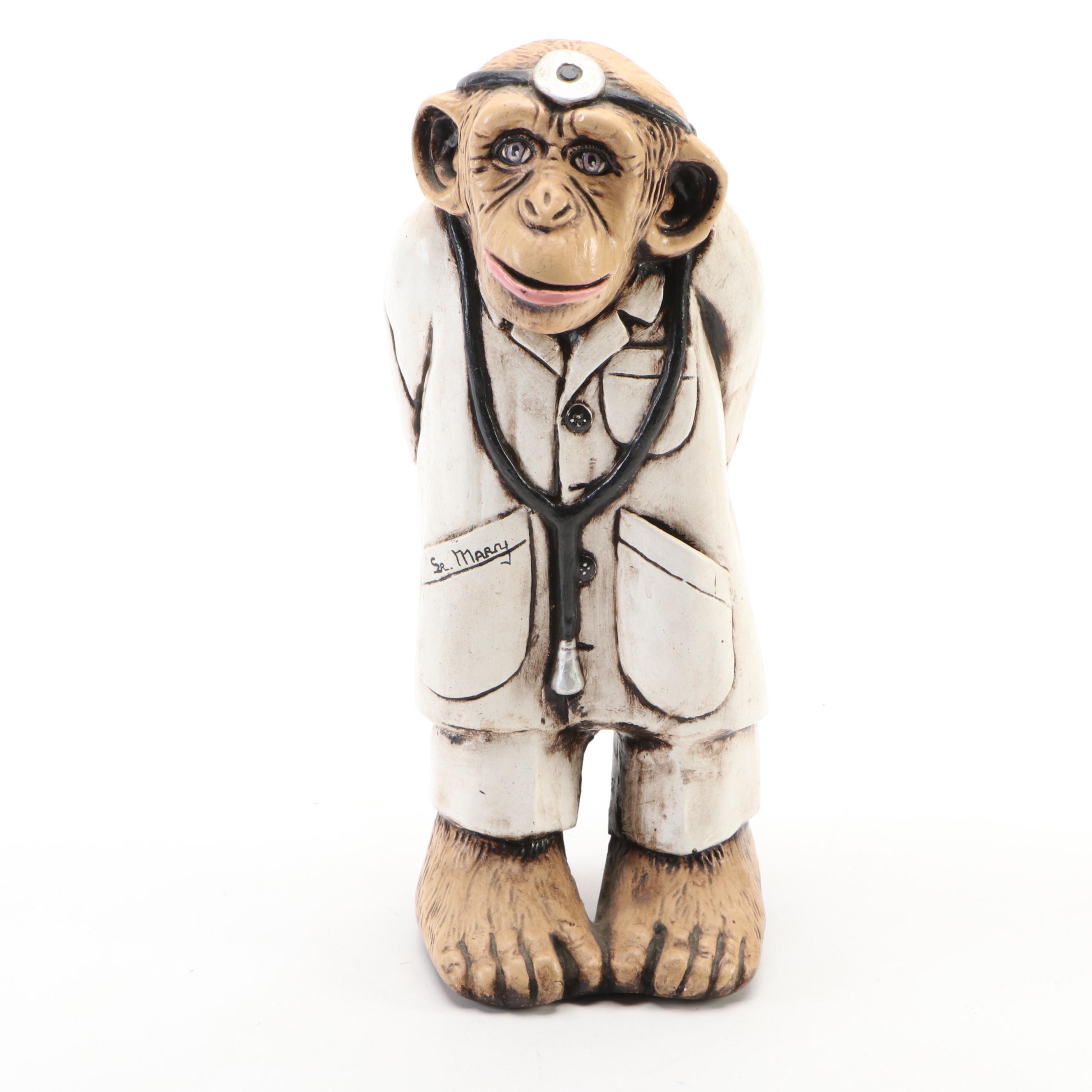 Resin Chimp Doctor with Howe Scale Arm and Carved Bamboo Back Scratcher