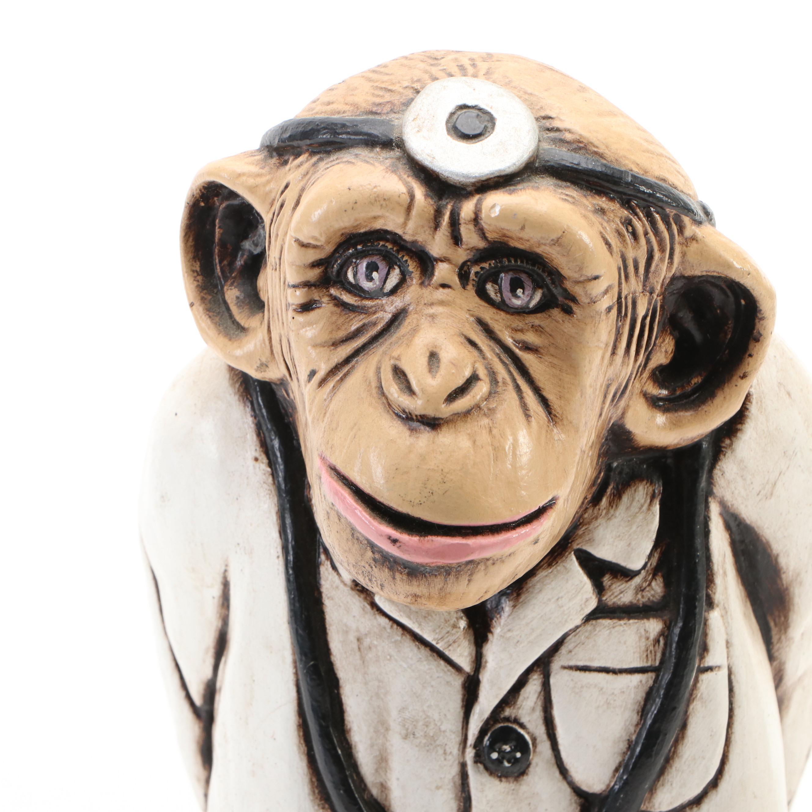 Resin Chimp Doctor with Howe Scale Arm and Carved Bamboo Back Scratcher