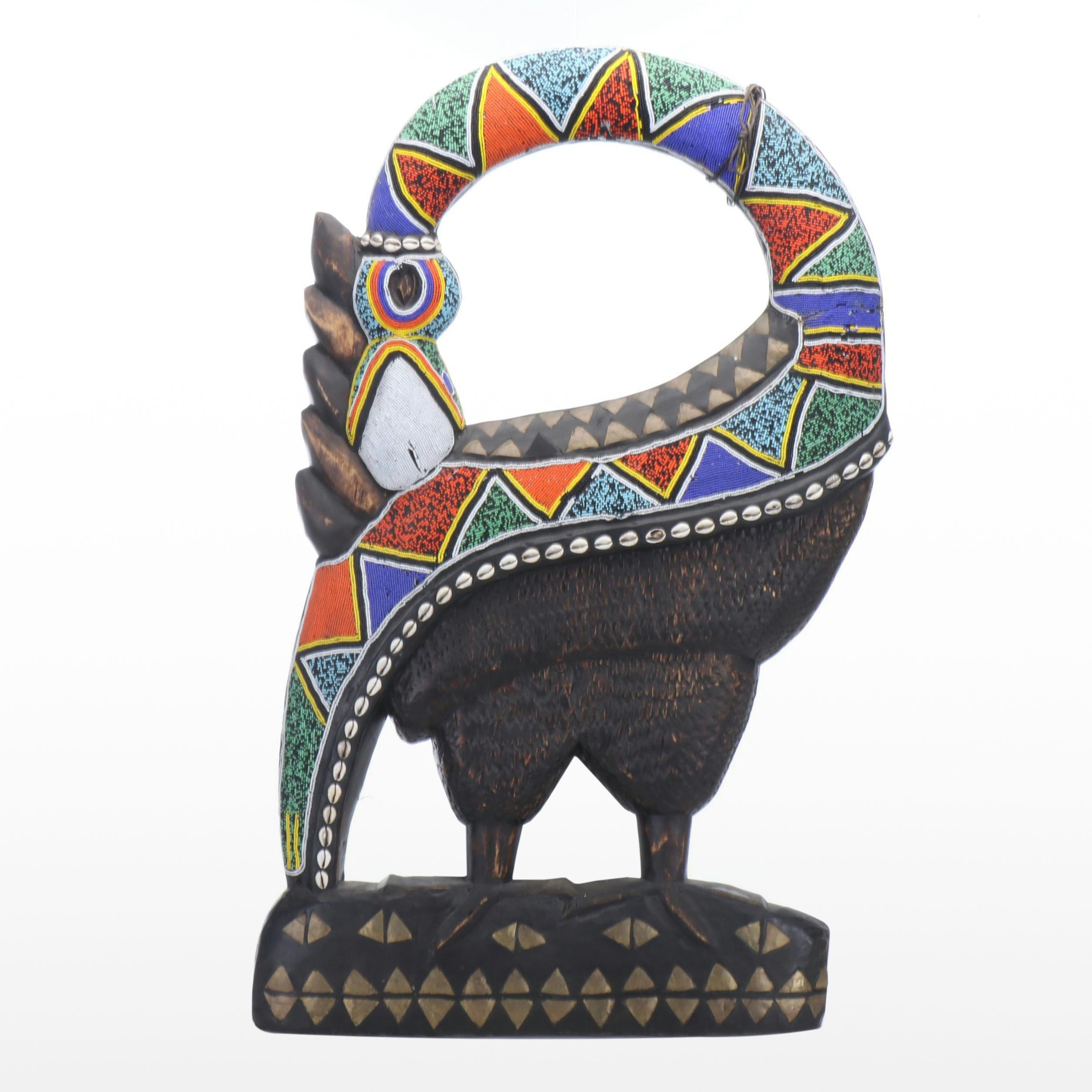 Hanging Carved Wood and Beadwork Sankofa Wall Sculpture