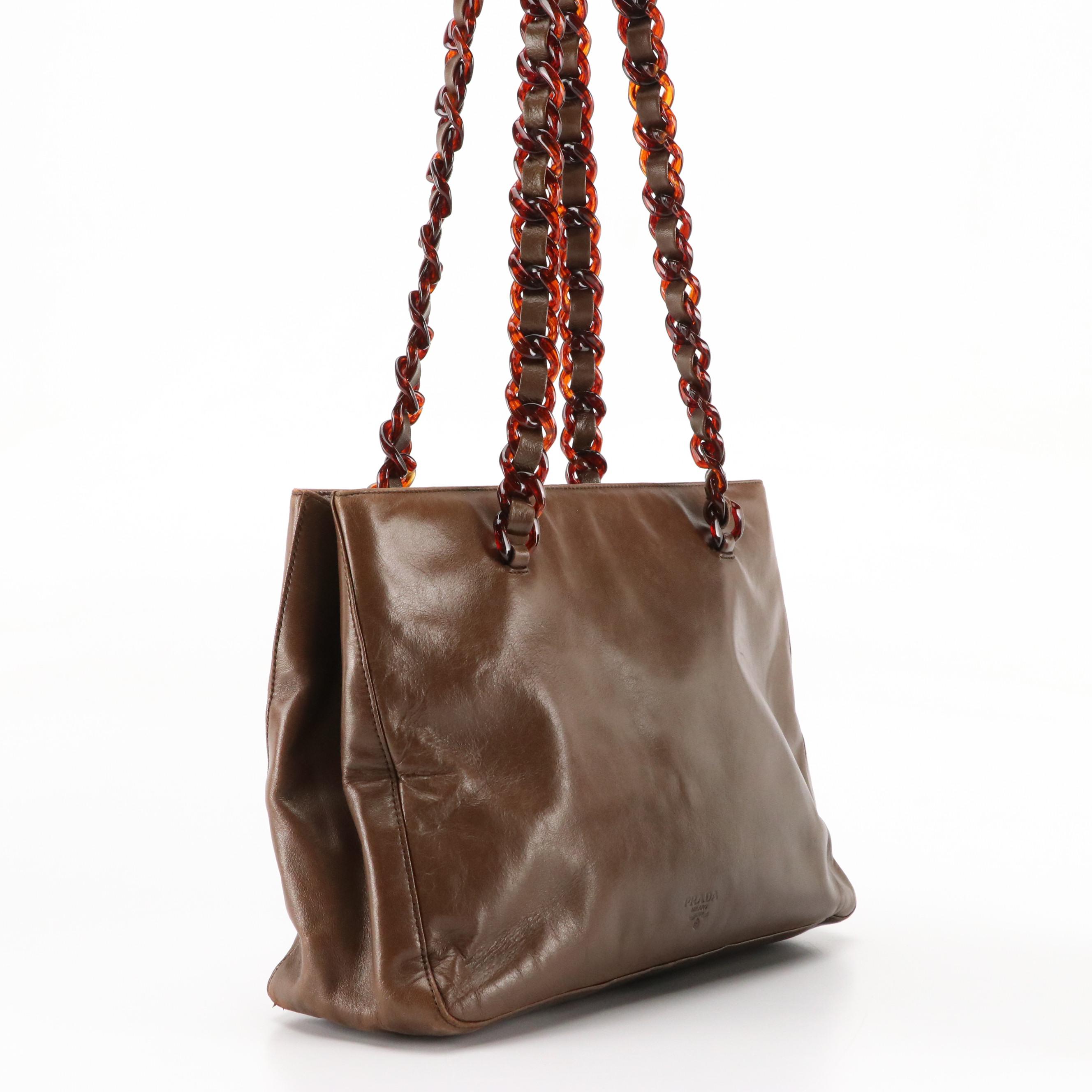 Prada Chocolate Brown Leather Shoulder Bag with Havana Resin Chain-Link Straps