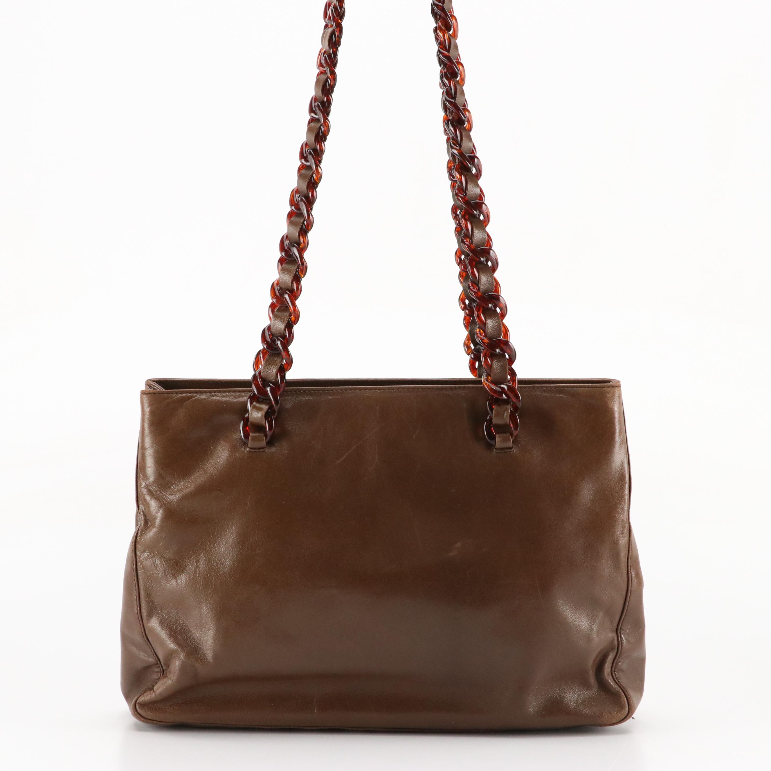 Prada Chocolate Brown Leather Shoulder Bag with Havana Resin Chain-Link Straps