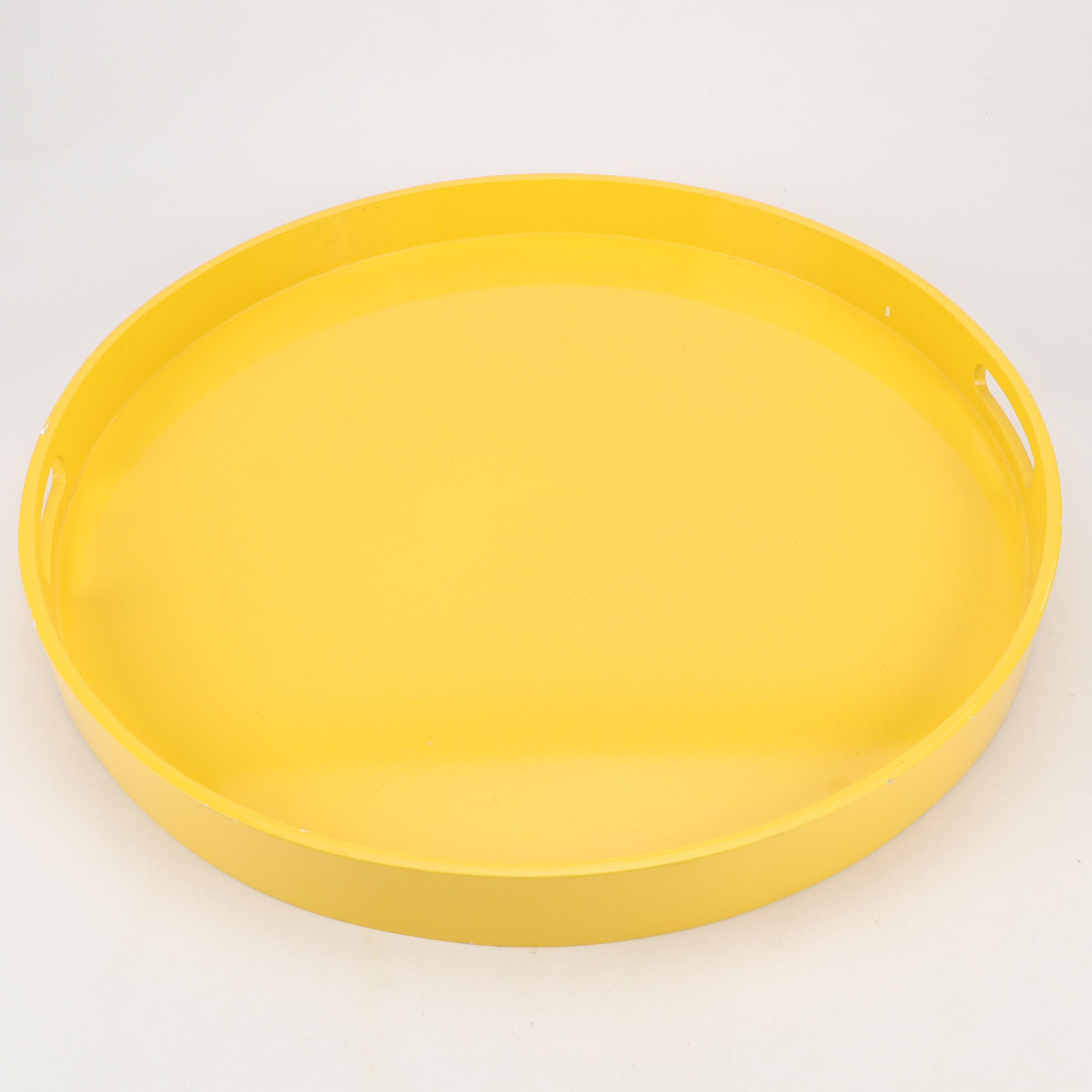 West Elm Yellow Acrylic Round Tray with Faux Lemons and Apples in Glass Vases