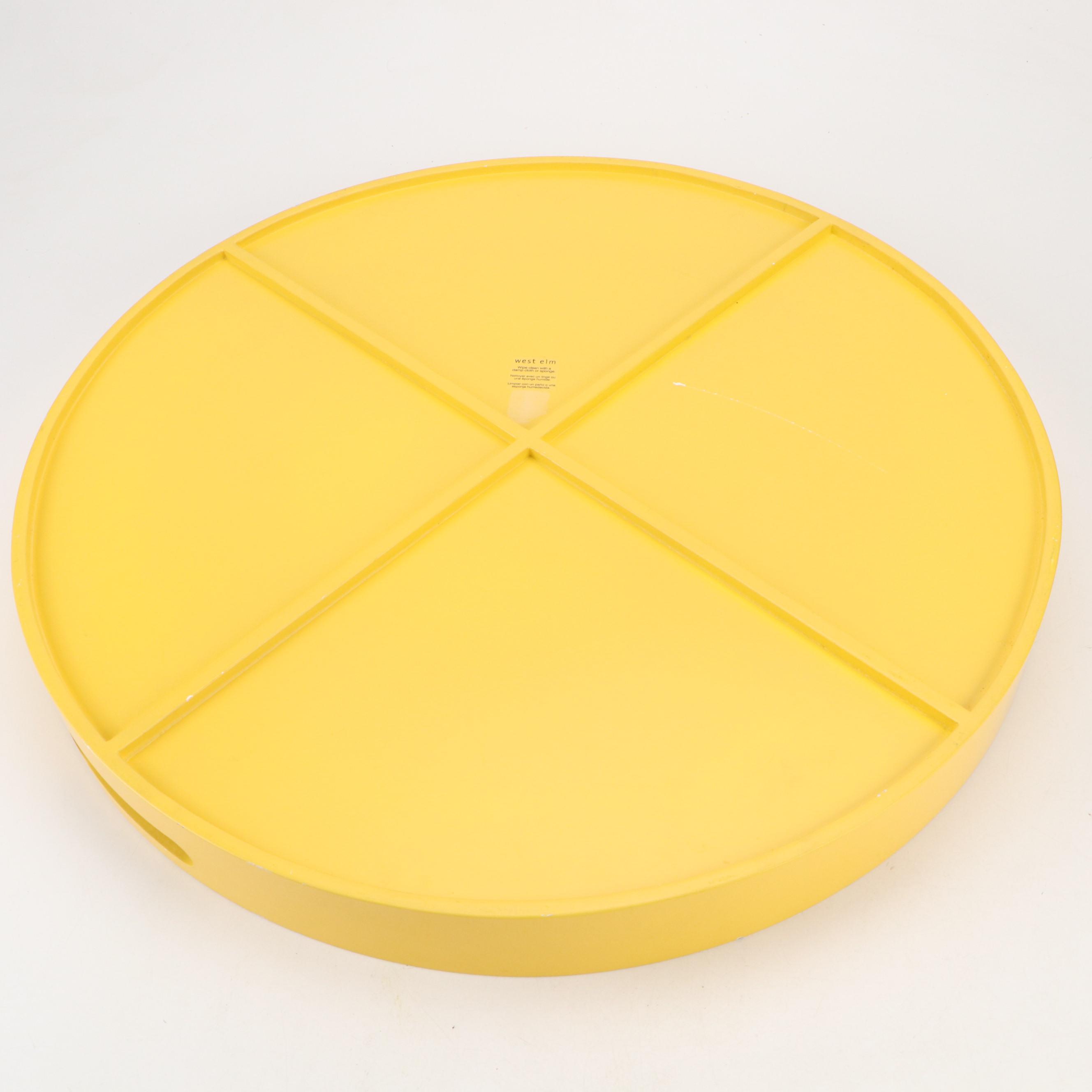 West Elm Yellow Acrylic Round Tray with Faux Lemons and Apples in Glass Vases