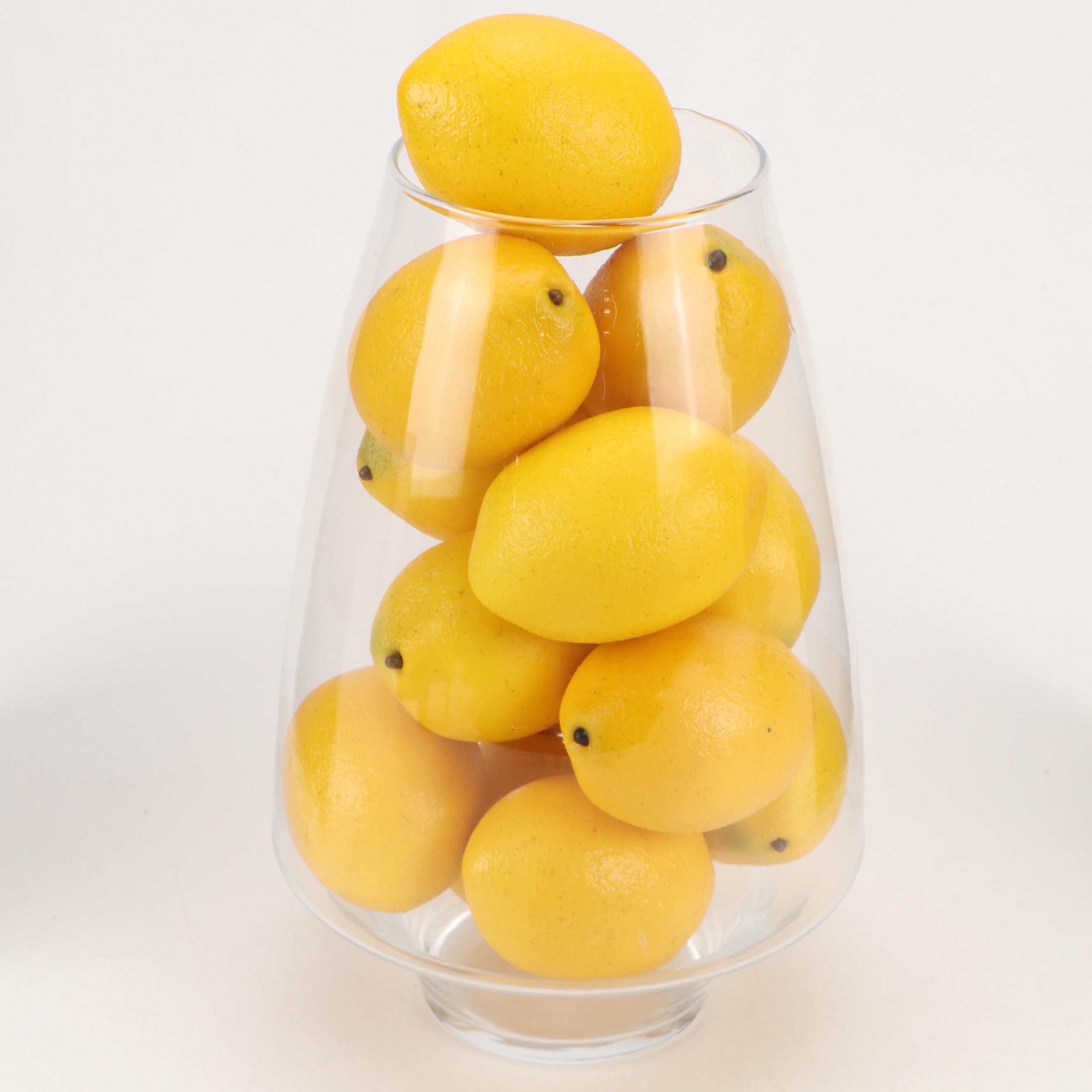 West Elm Yellow Acrylic Round Tray with Faux Lemons and Apples in Glass Vases