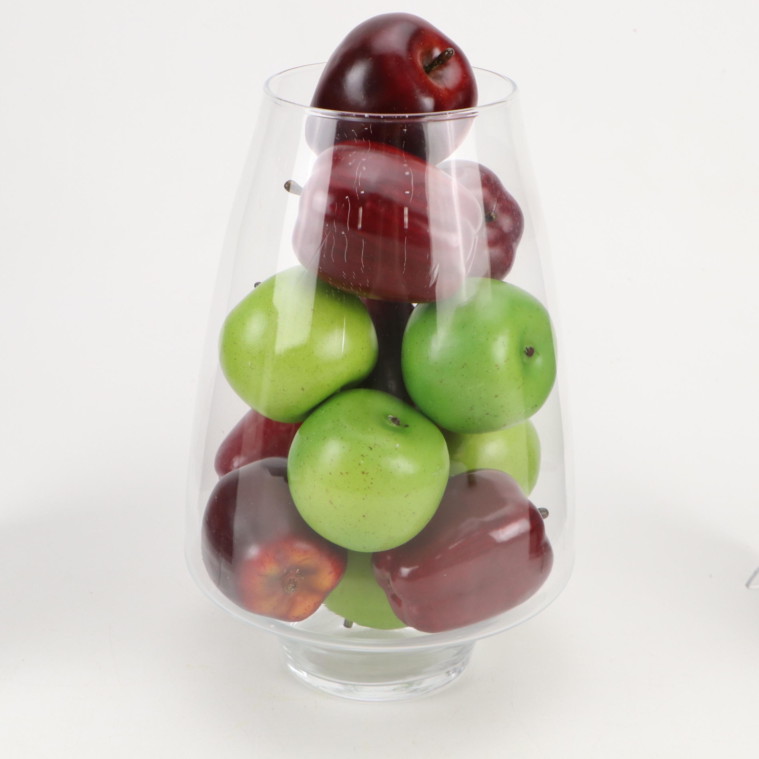 West Elm Yellow Acrylic Round Tray with Faux Lemons and Apples in Glass Vases