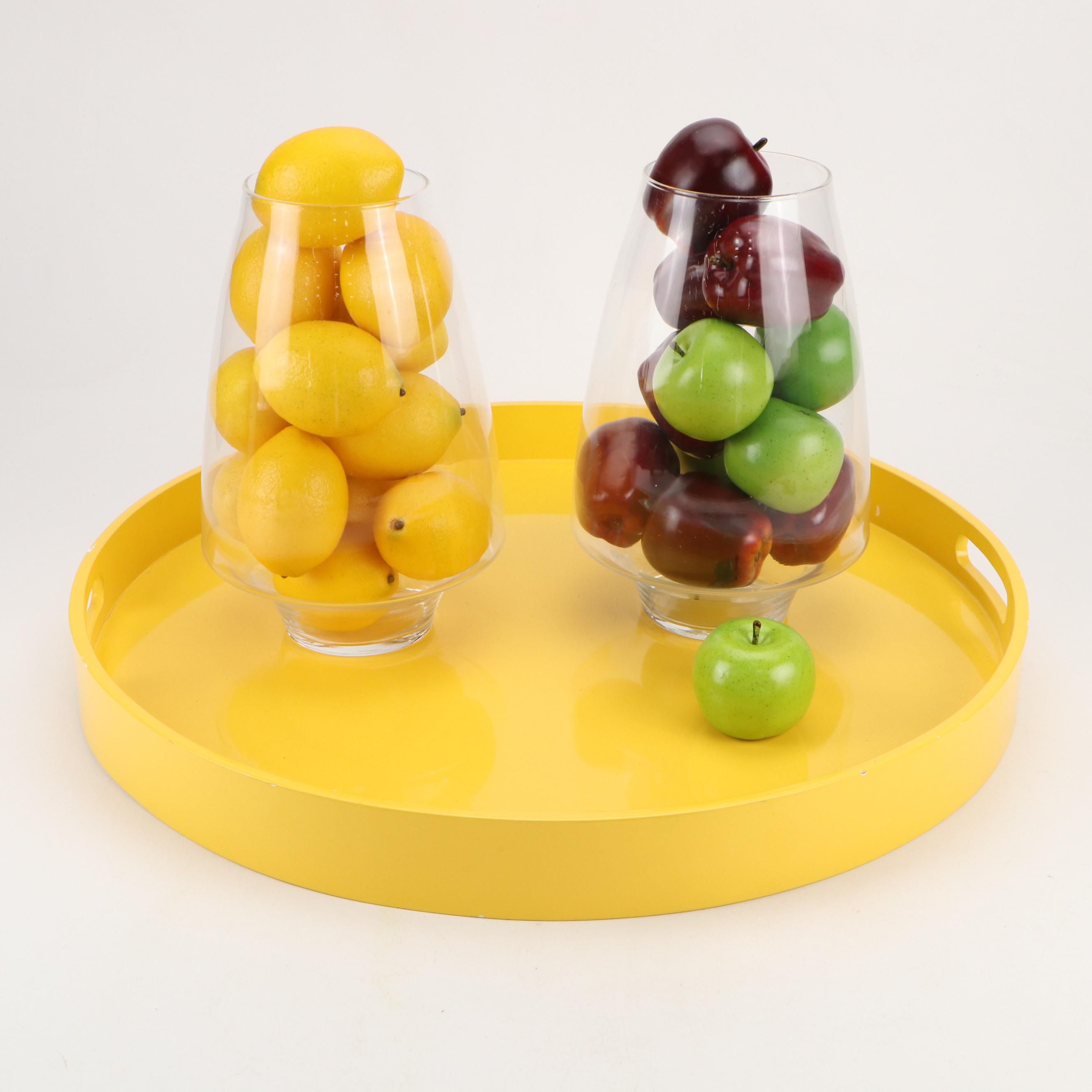 West Elm Yellow Acrylic Round Tray with Faux Lemons and Apples in Glass Vases
