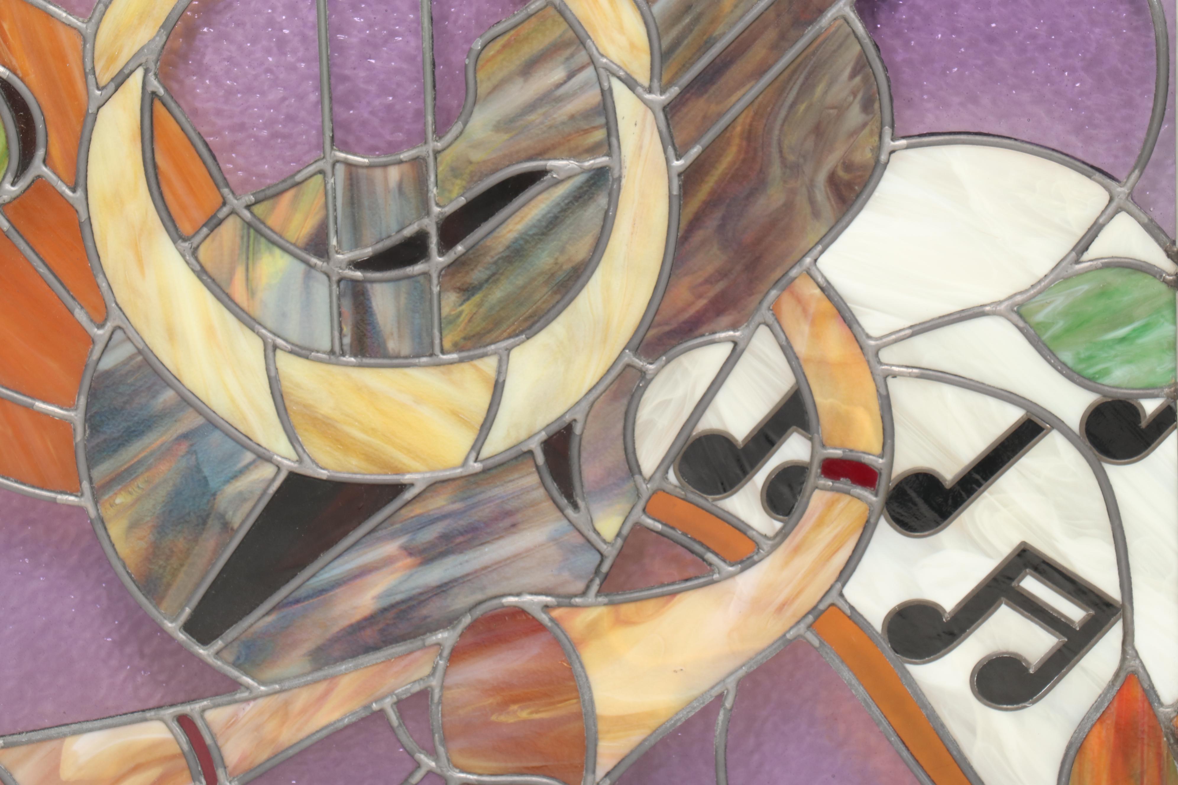 Stained Glass Panel With Classical Instrument Motif, 20th Century