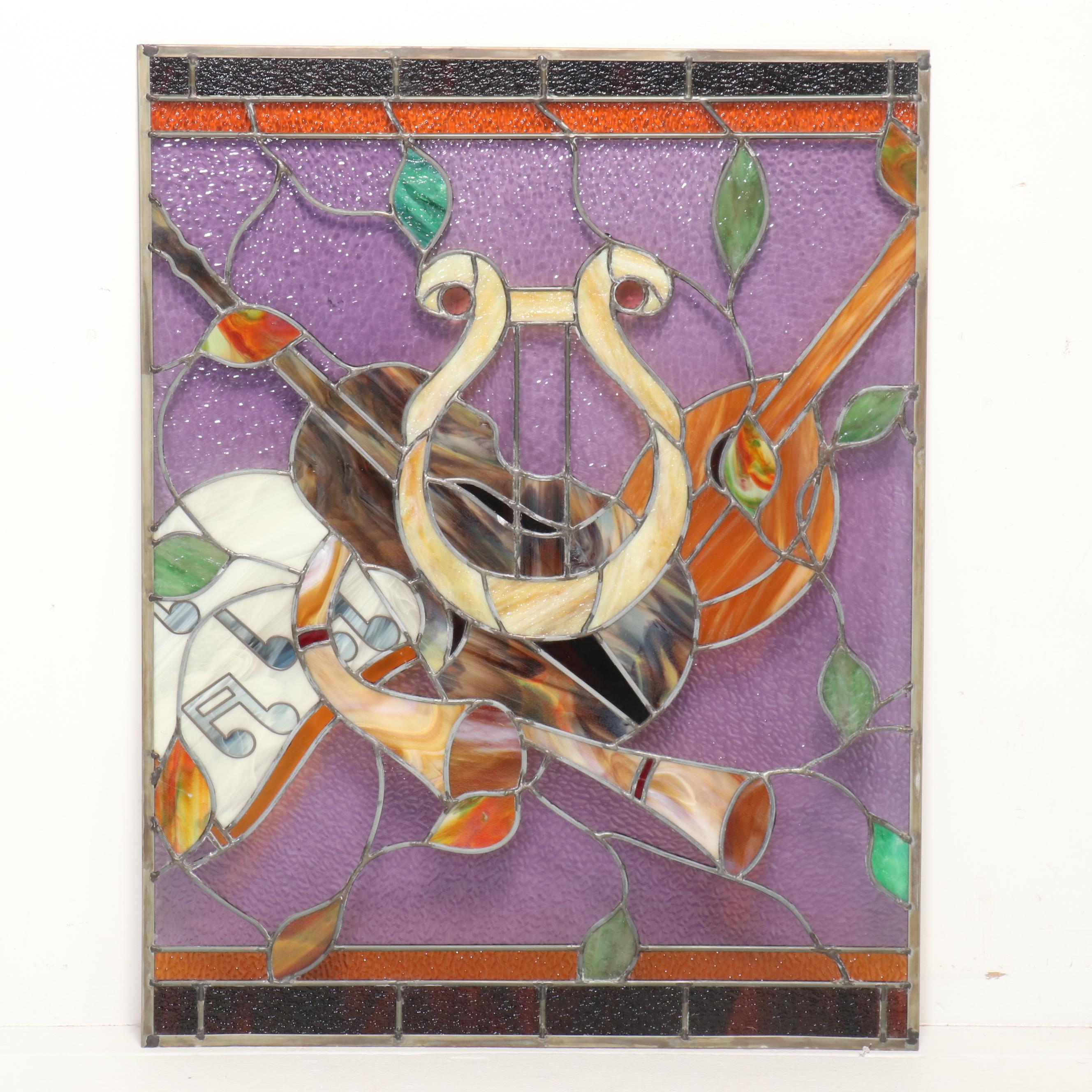 Stained Glass Panel With Classical Instrument Motif, 20th Century