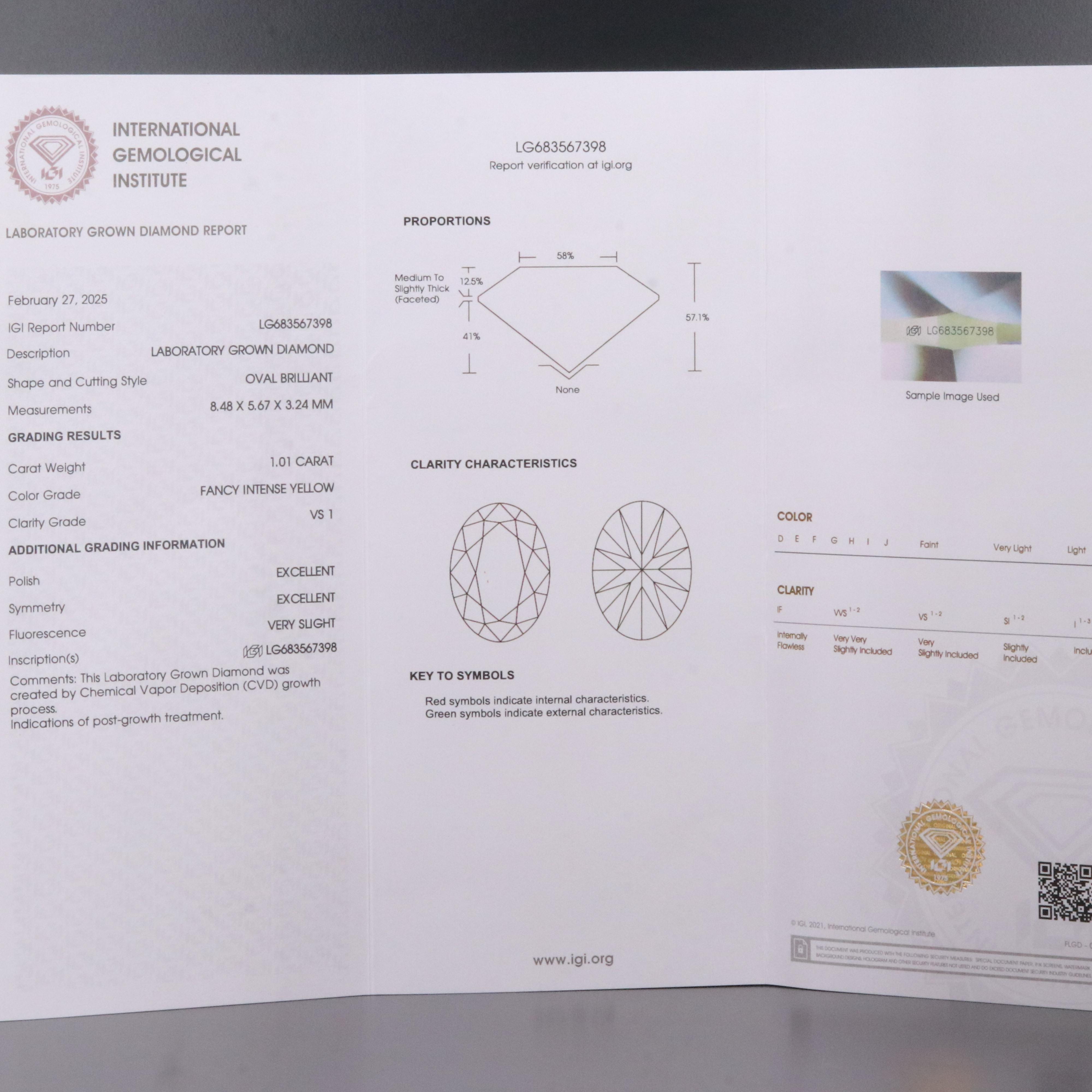 Loose 1.01 CT Lab Grown Fancy Yellow Diamond with IGI Report