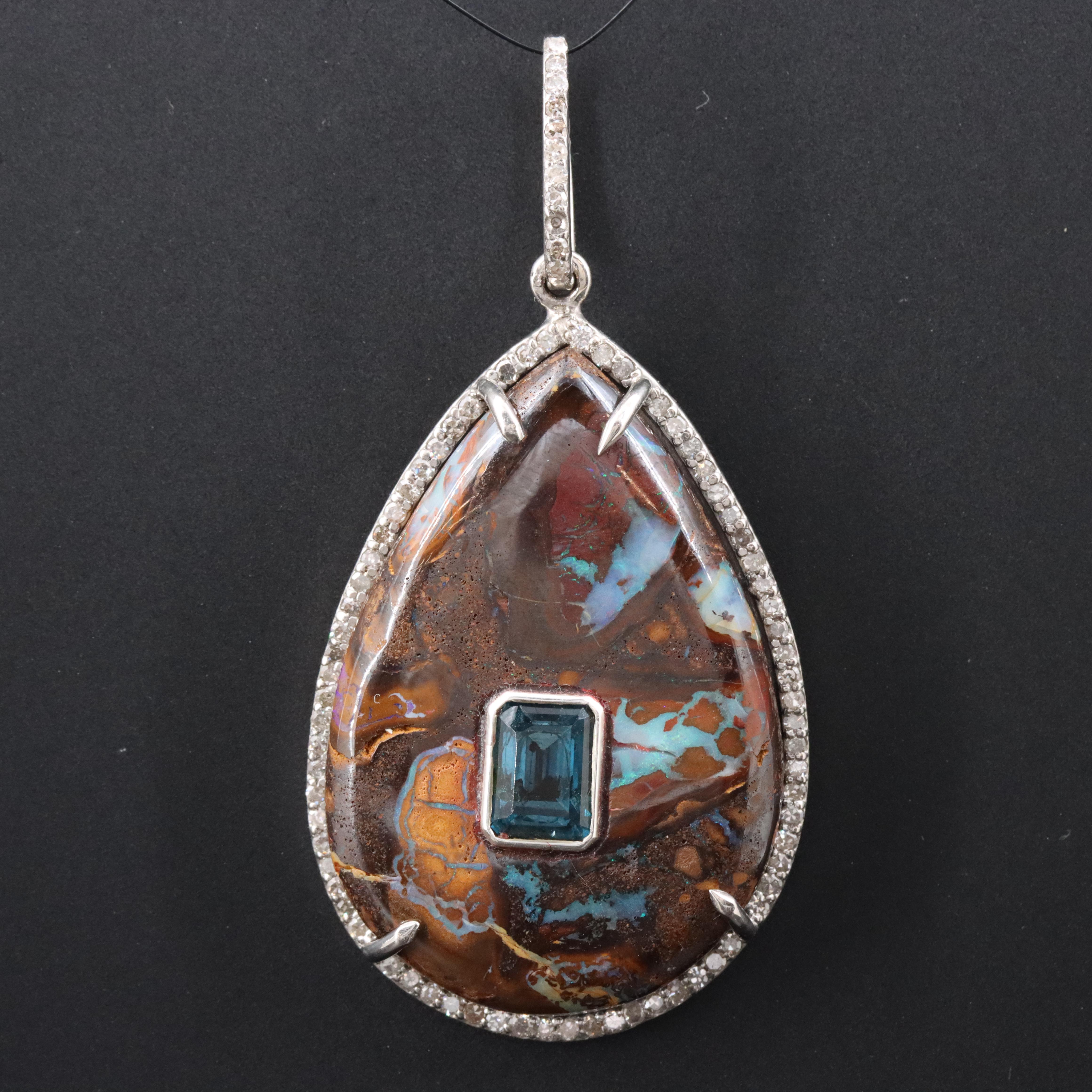 Sheryl Lowe Sterling Boulder Opal, London Blue Topaz and Diamond Pendant