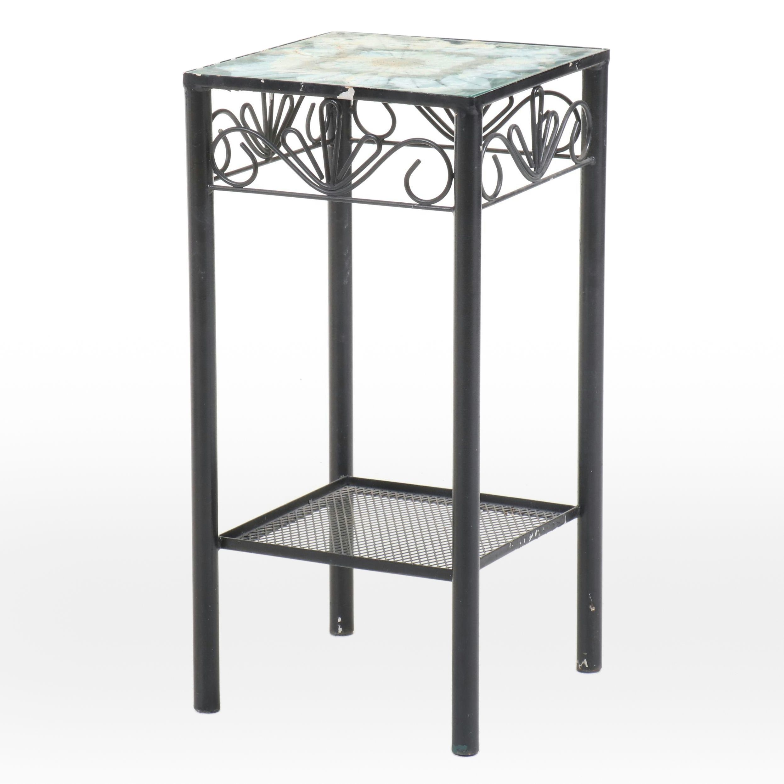 Scrolled Iron Patio Plant Stand with Slag Glass Top