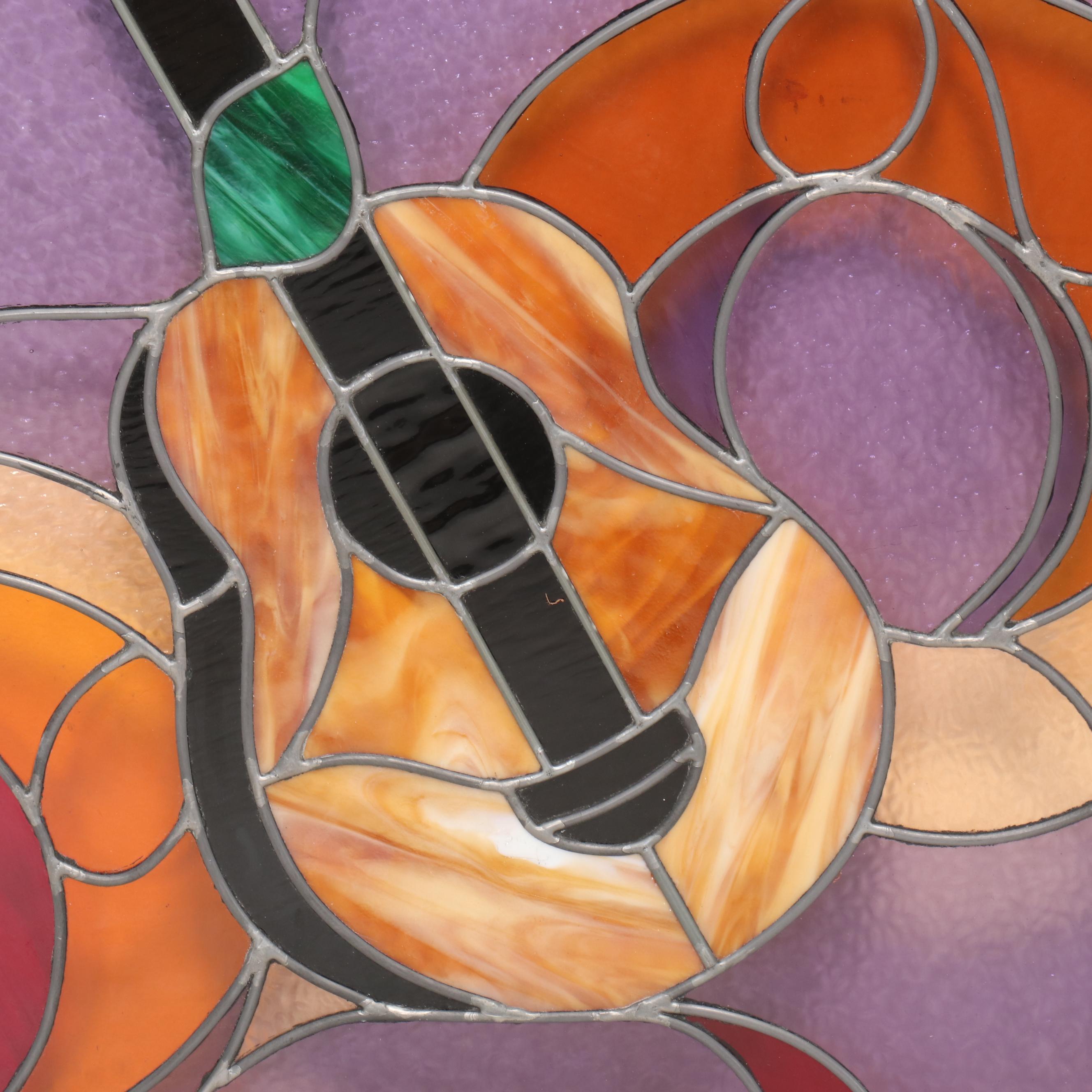 Stained Glass Guitar Motif Part Panel, Mid/ Late 20th Century