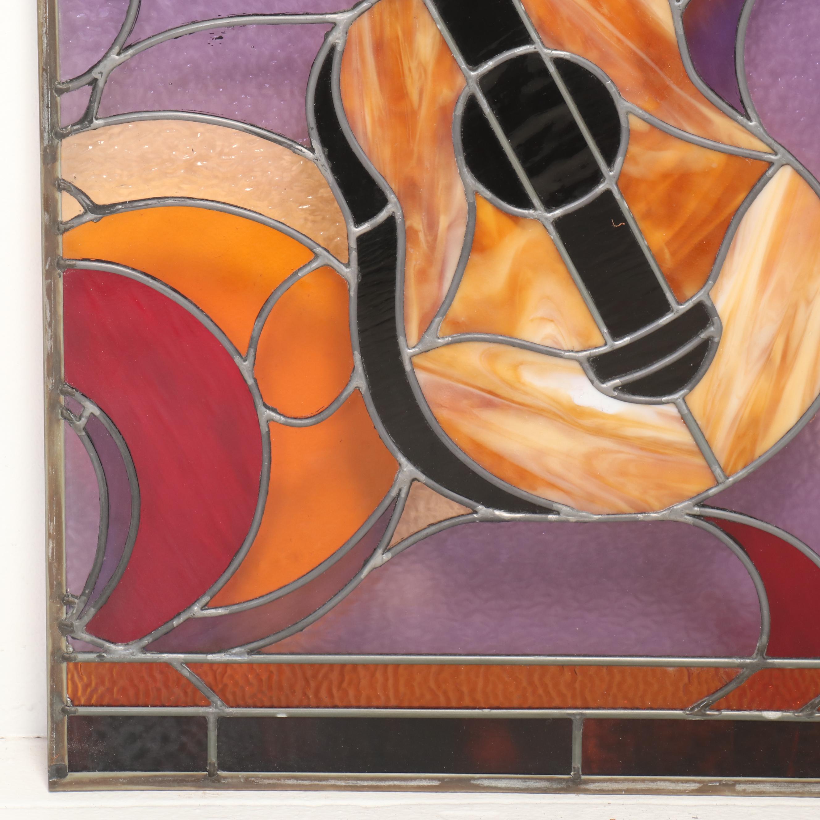 Stained Glass Guitar Motif Part Panel, Mid/ Late 20th Century