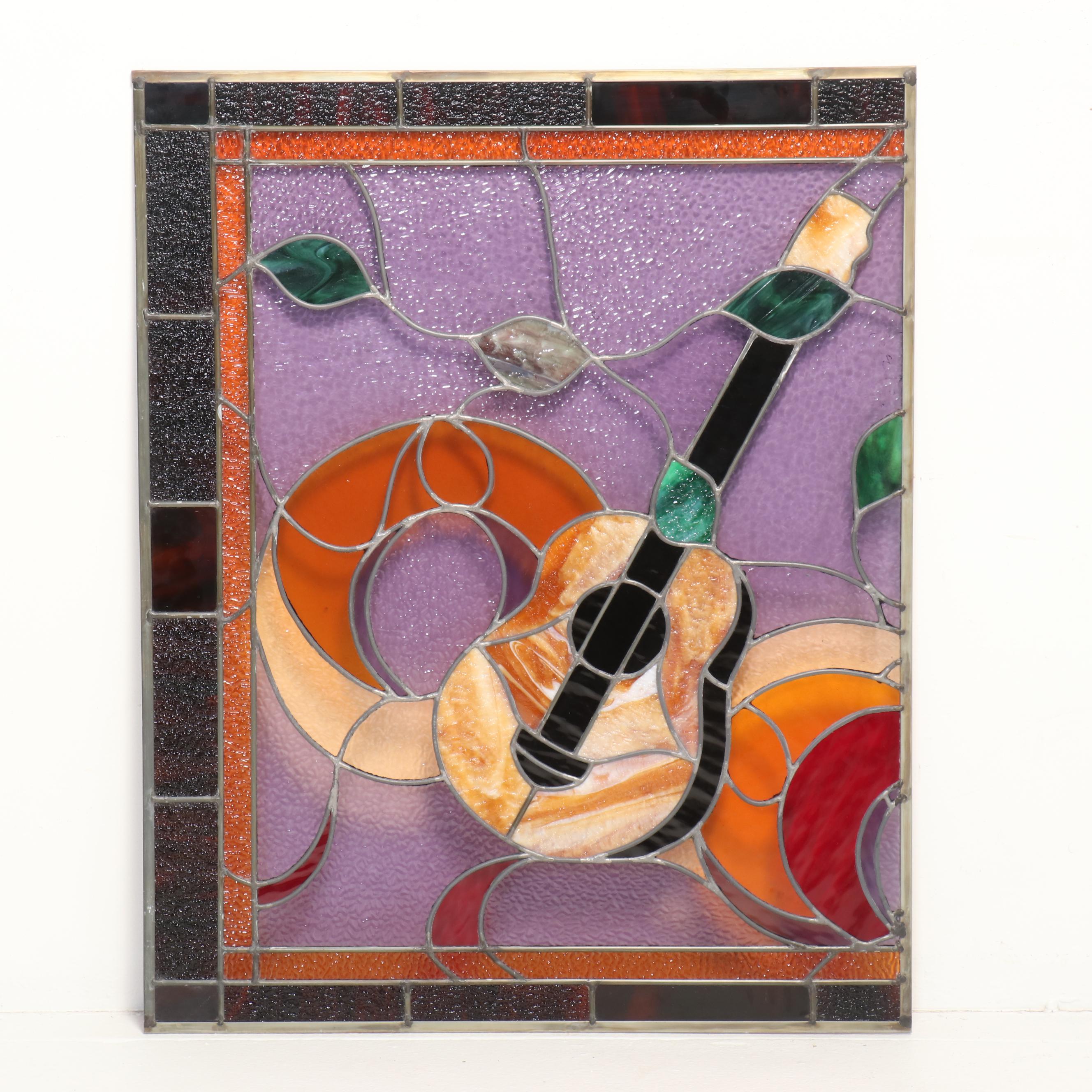 Stained Glass Guitar Motif Part Panel, Mid/ Late 20th Century