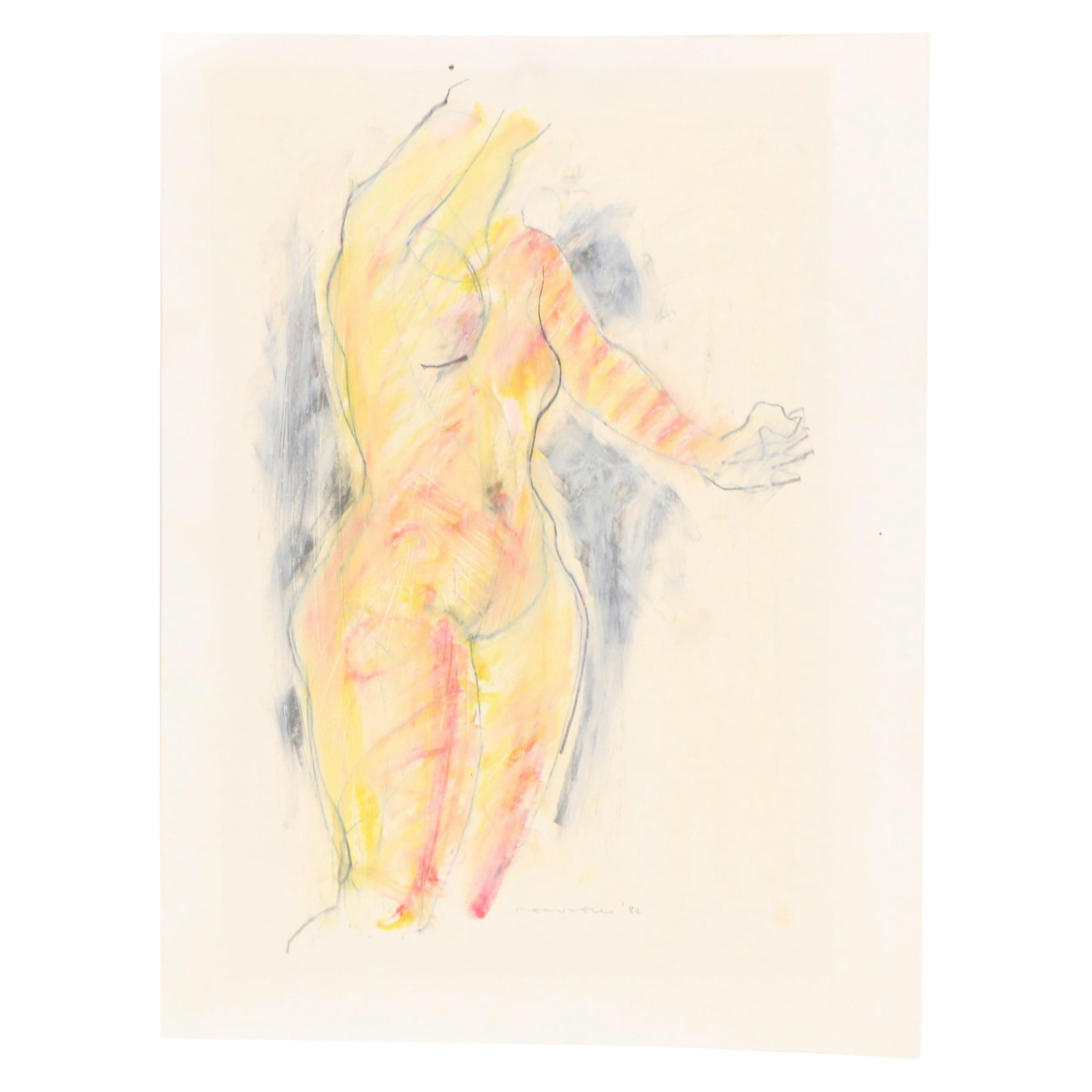 Jack Meanwell Multicolor Female Nude Oil Pastel Drawing, 1984