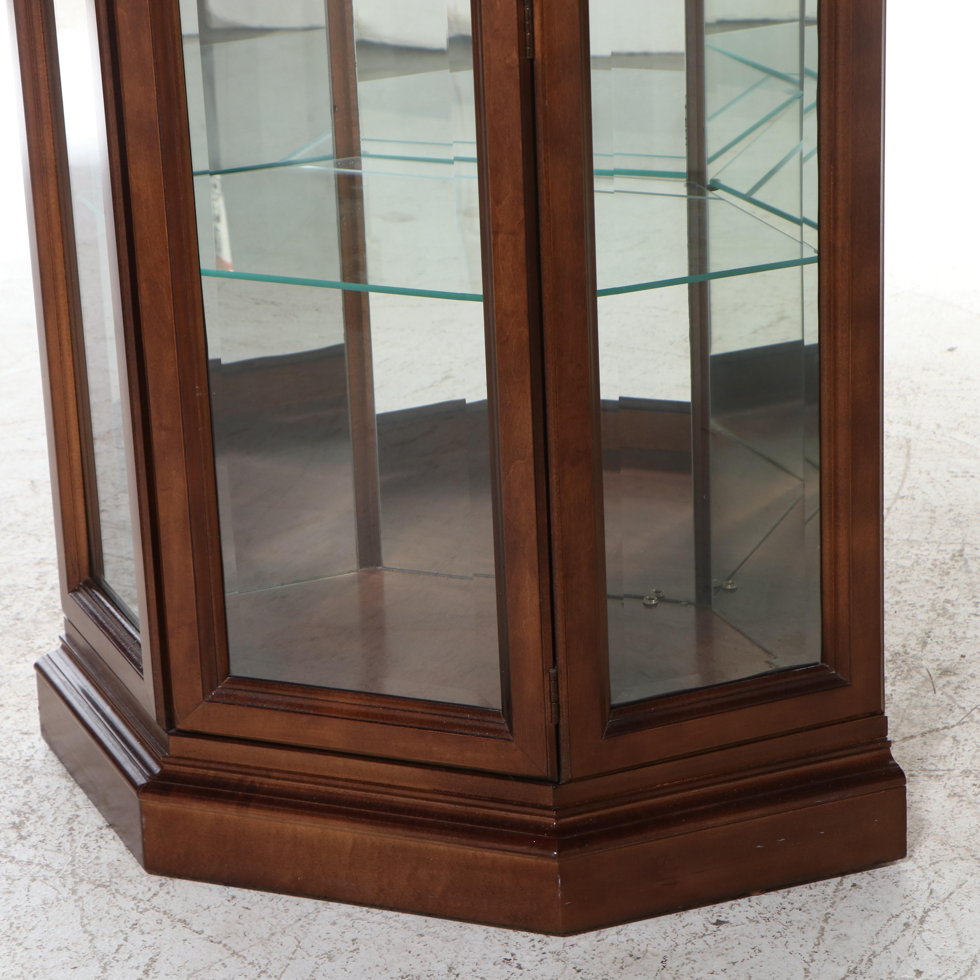 American Furniture Co. Maple Illuminated Corner Display Cabinet, 1988