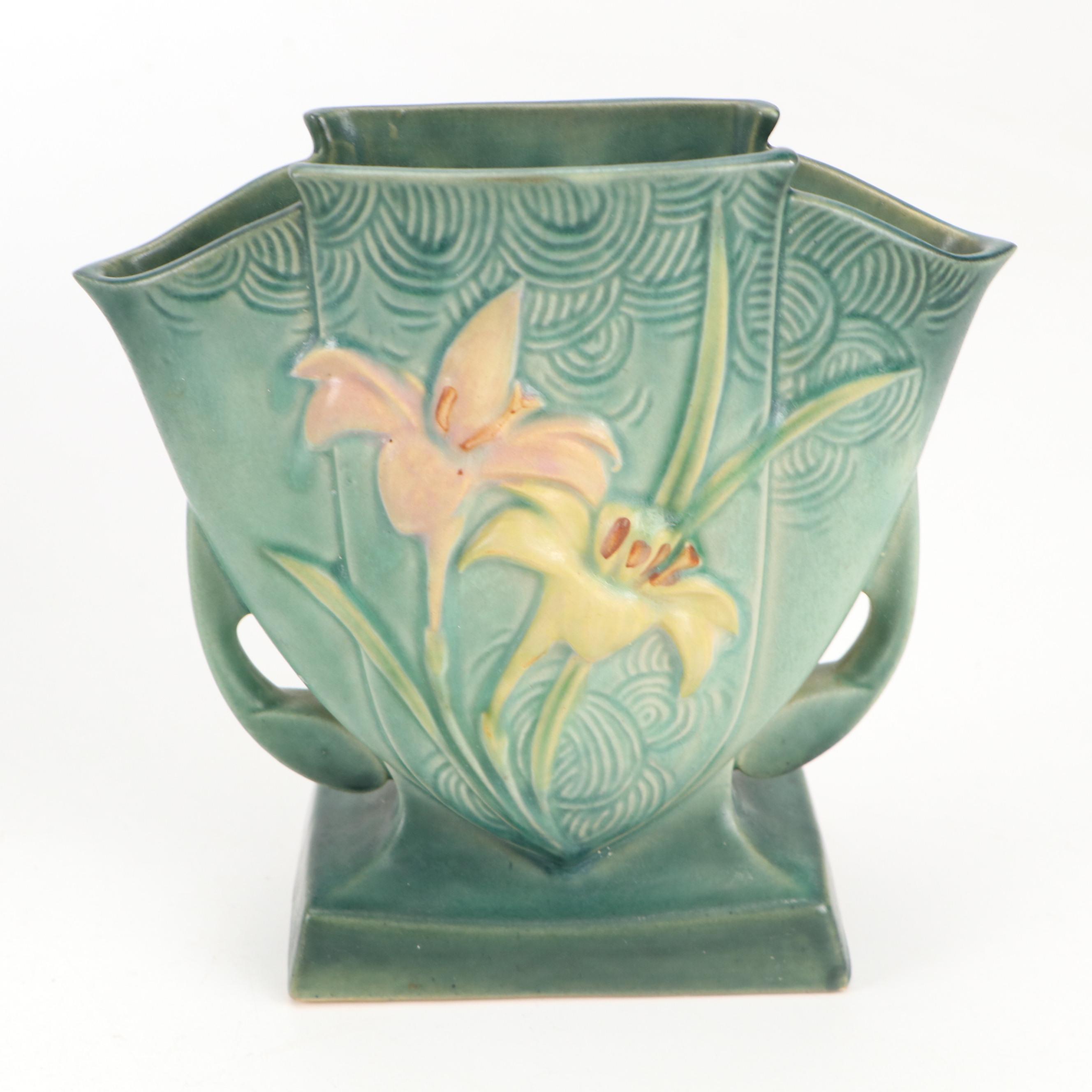 Art Deco Roseville Zephyr Lily, Clematis, Bleeding Hearts & Weller Vases