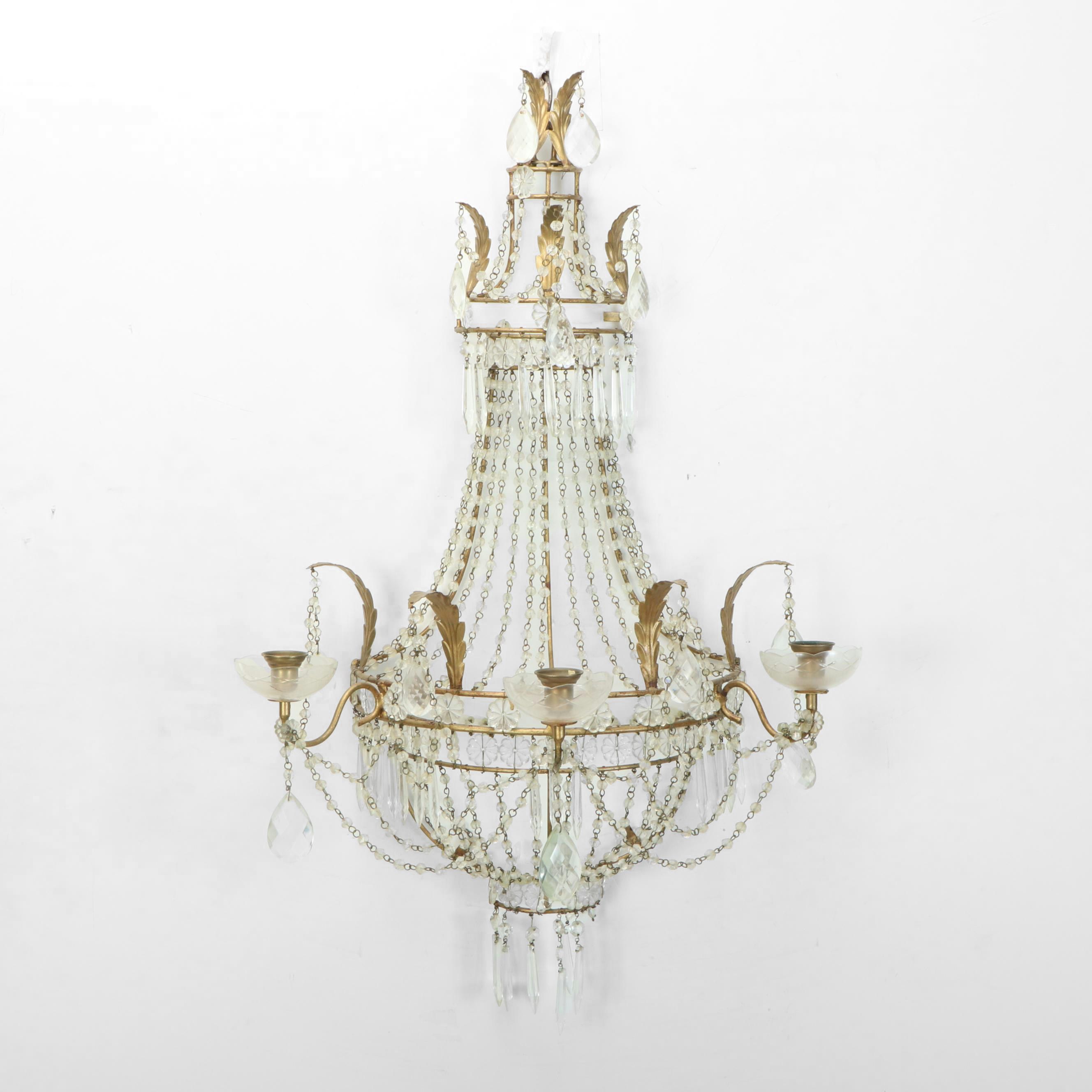 Empire Style Gilt Metal and Beadwork Wall Mount Three-Candle Chandelier
