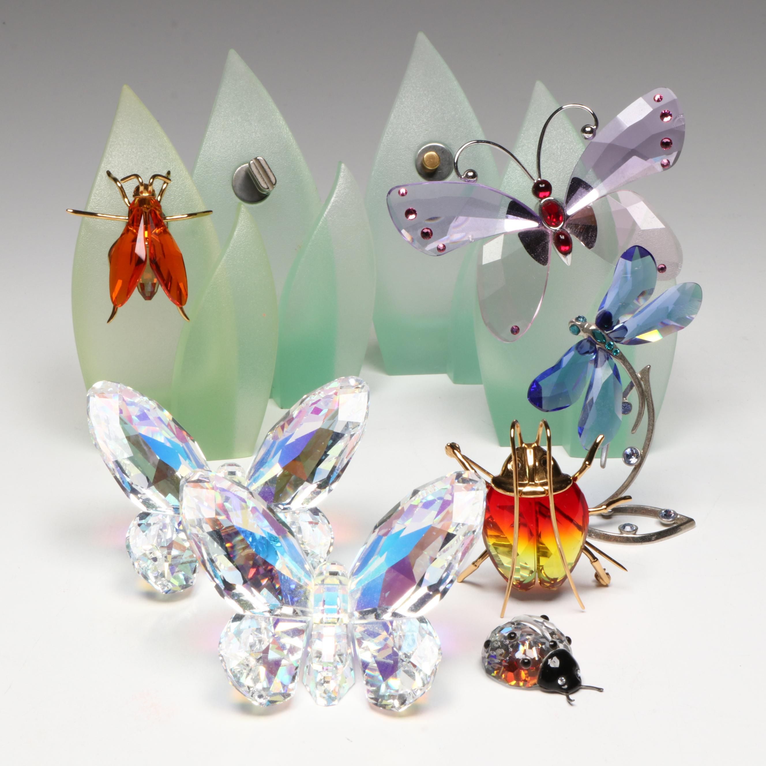 Swarovski Crystal "Ladybird", "Dragonfly" and More Figures with Lucite Stands