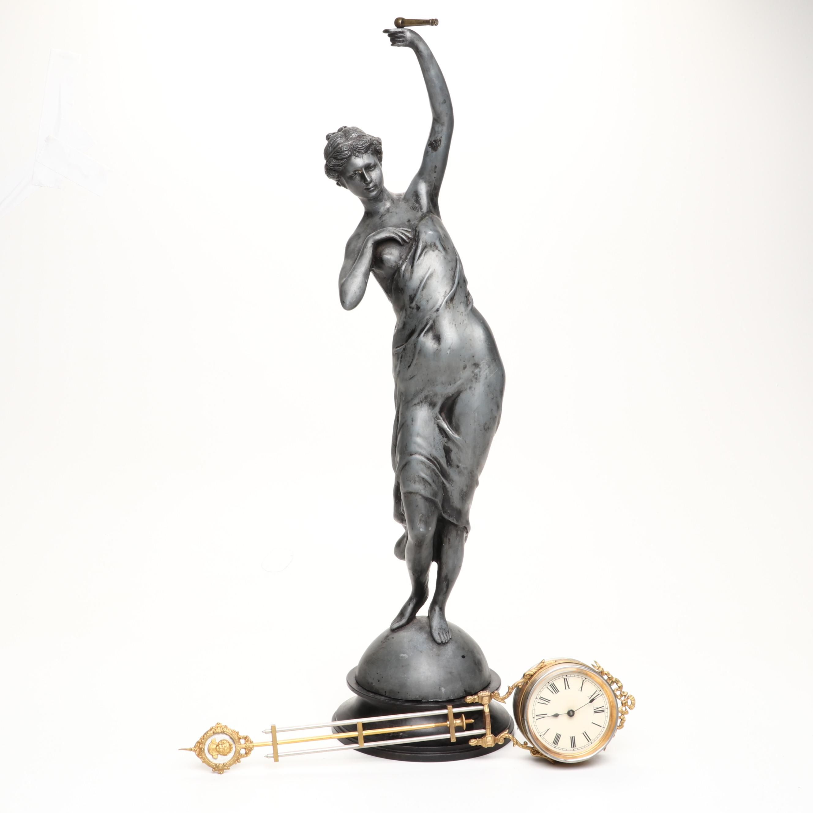 Ansonia Art Nouveau Style Spelter Figural Mystery Swing Clock
