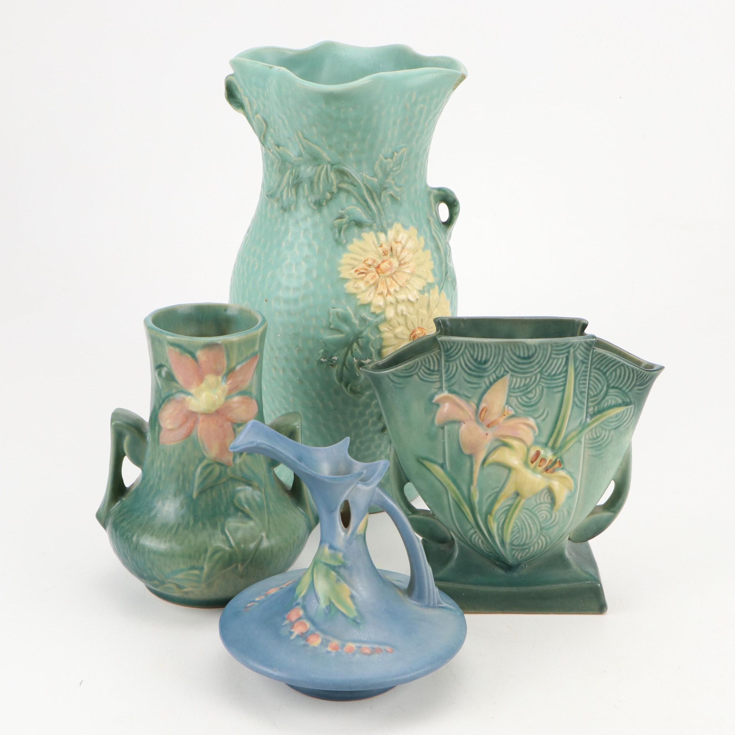 Art Deco Roseville Zephyr Lily, Clematis, Bleeding Hearts & Weller Vases