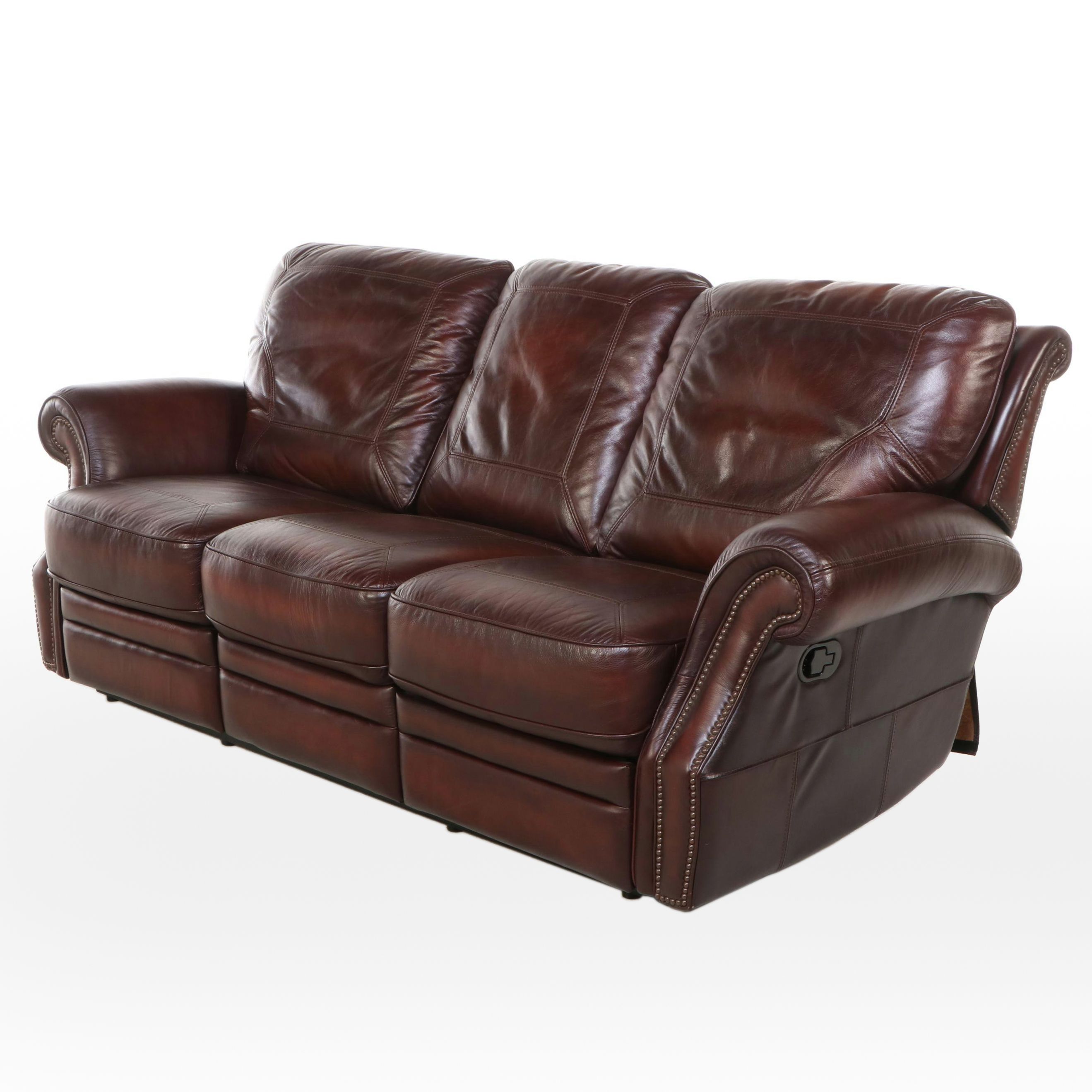 Leather Upholstered Reclining Sofa with Nailhead Trim