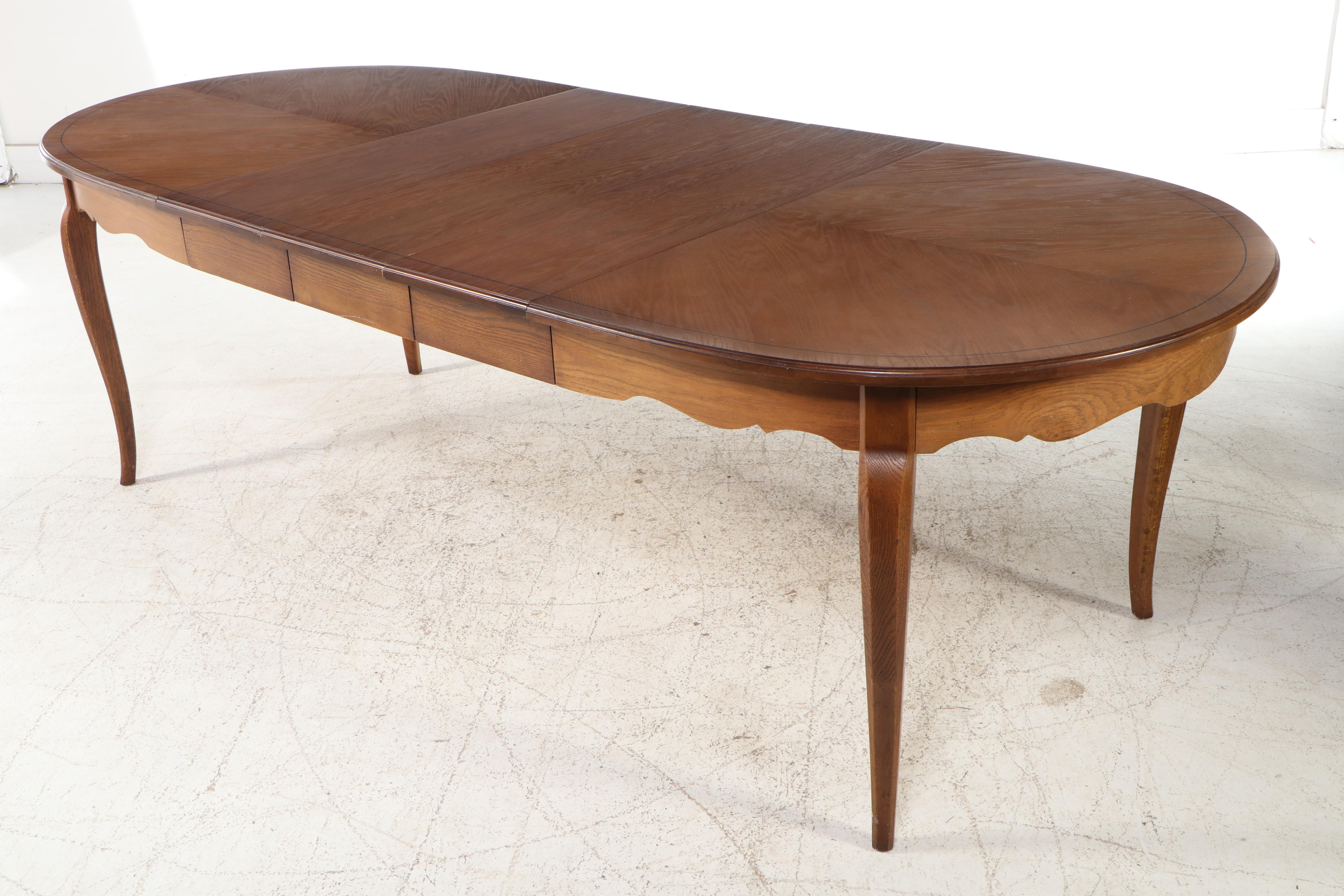 Seven-Piece French Provincial Style Oak Dining Set with Rush-Bottom Chairs