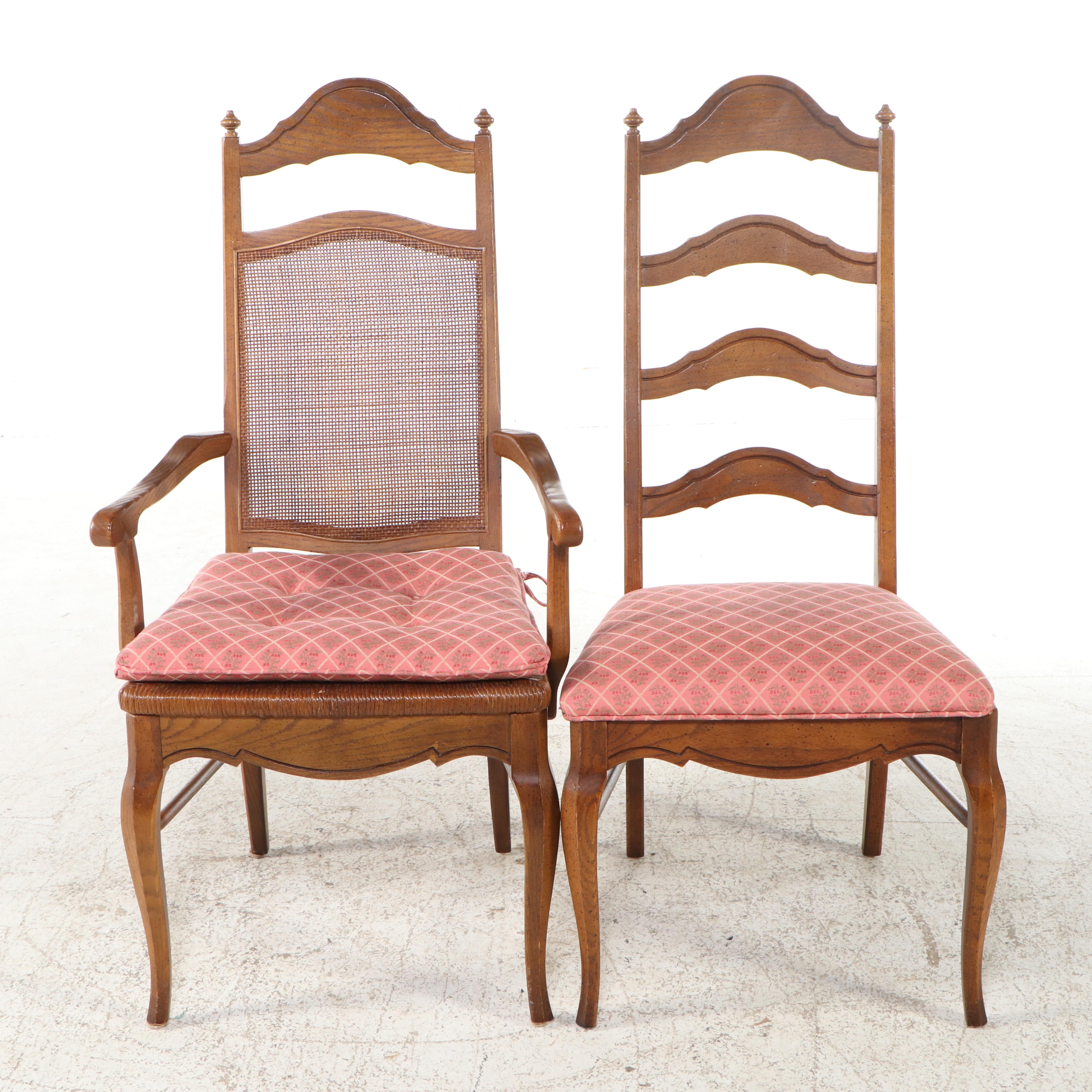 Seven-Piece French Provincial Style Oak Dining Set with Rush-Bottom Chairs