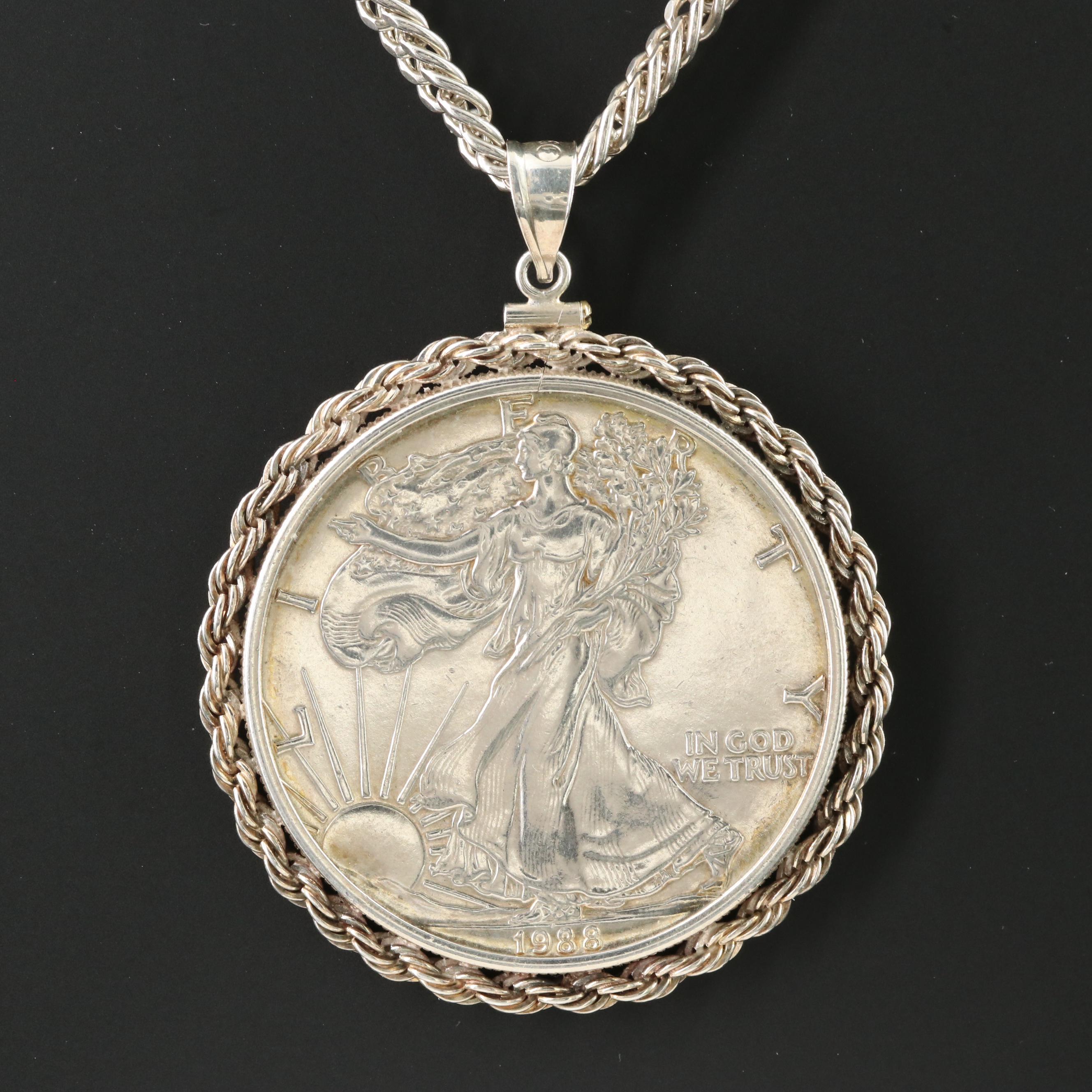 Sterling Necklace with 1988 American Silver Eagle 1-Oz. Bullion Coin