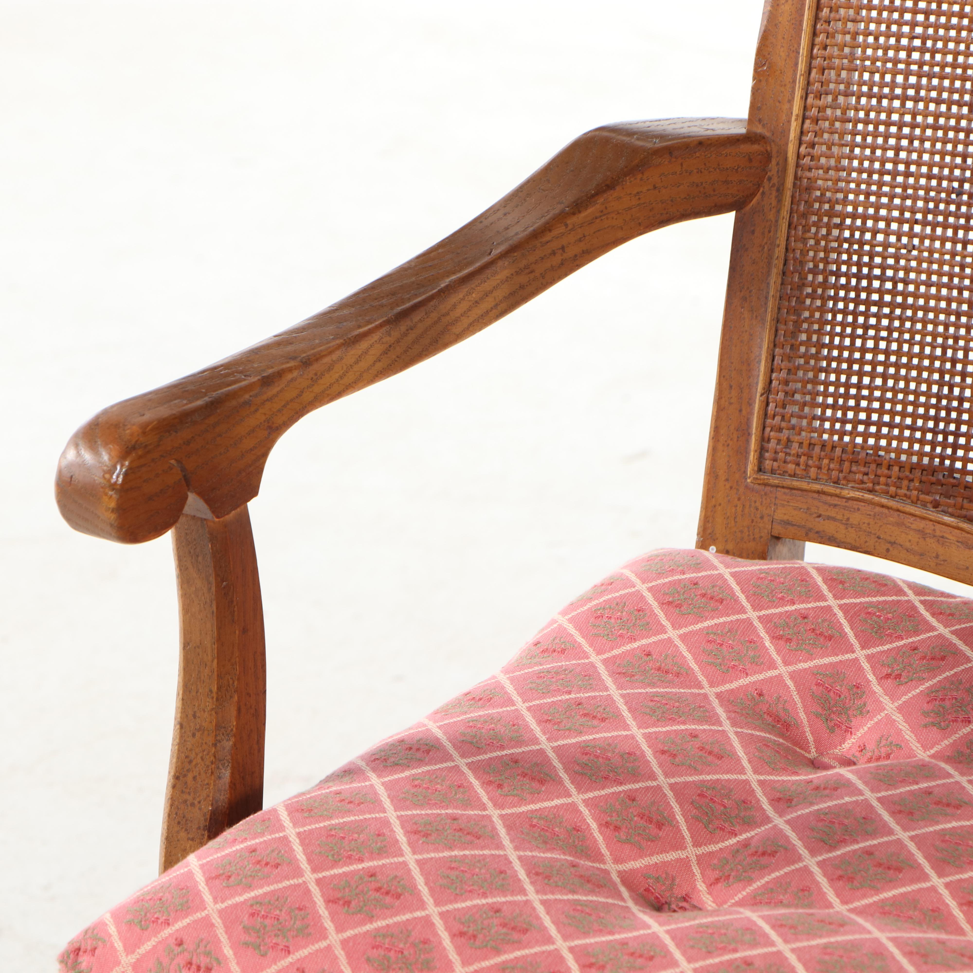 Seven-Piece French Provincial Style Oak Dining Set with Rush-Bottom Chairs