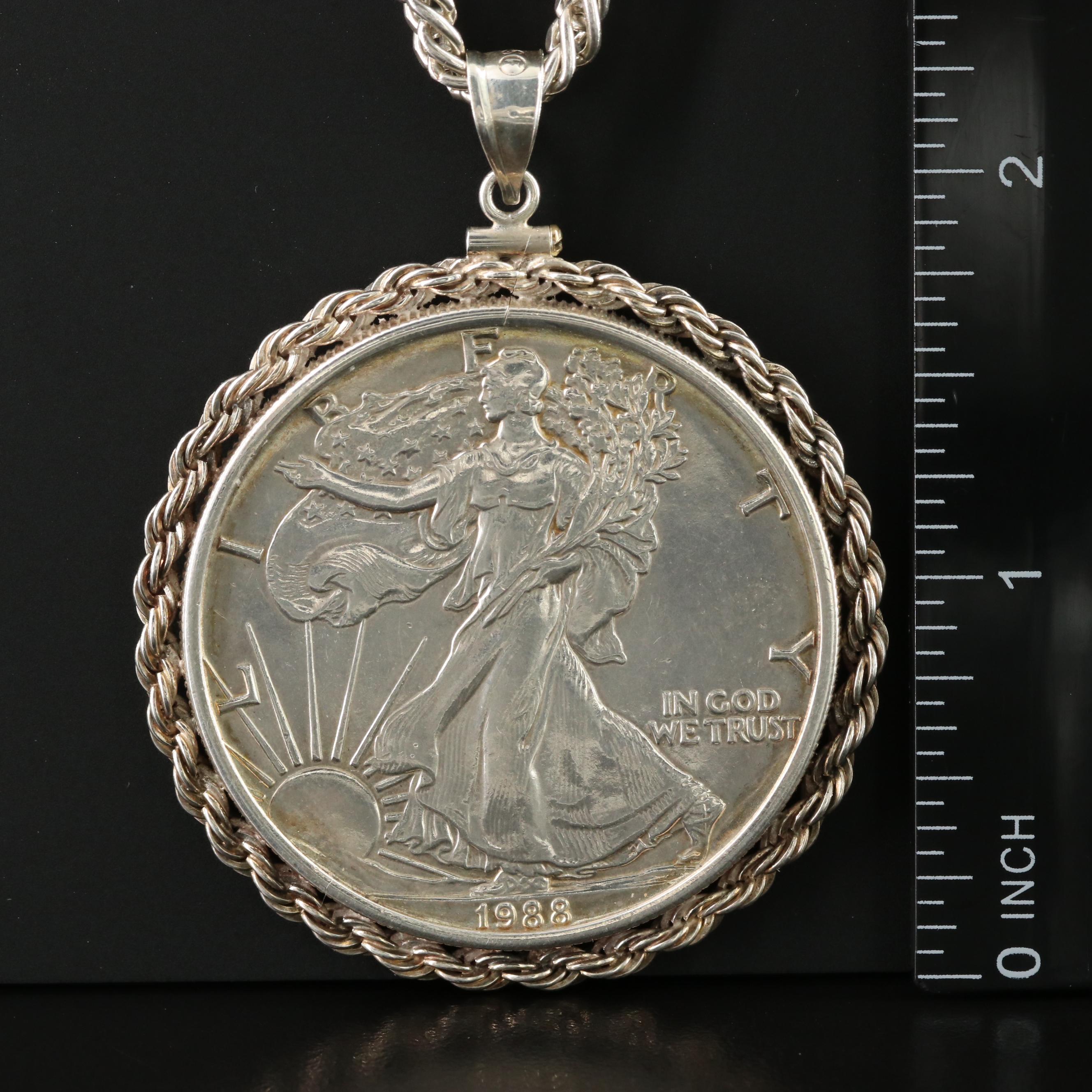 Sterling Necklace with 1988 American Silver Eagle 1-Oz. Bullion Coin