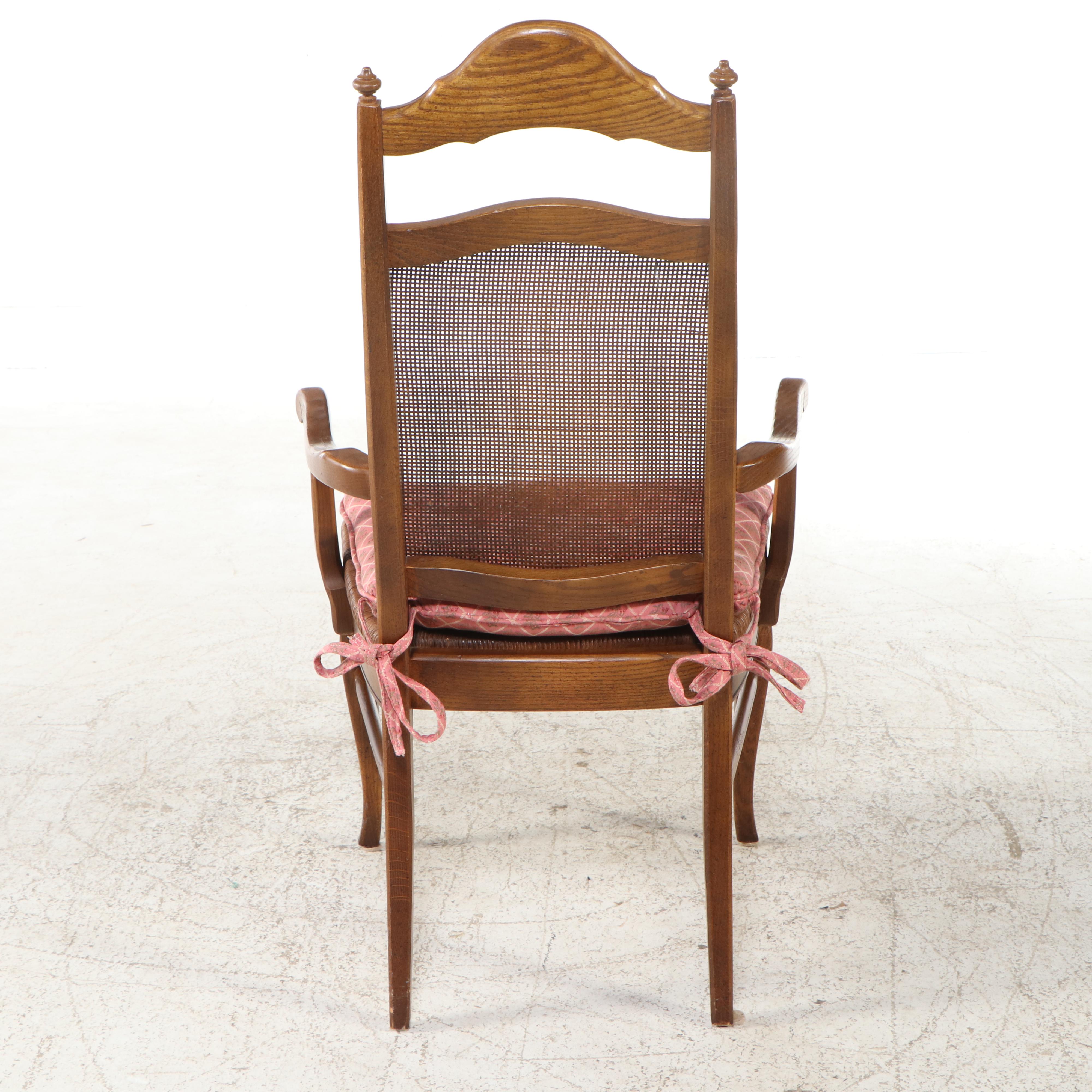 Seven-Piece French Provincial Style Oak Dining Set with Rush-Bottom Chairs