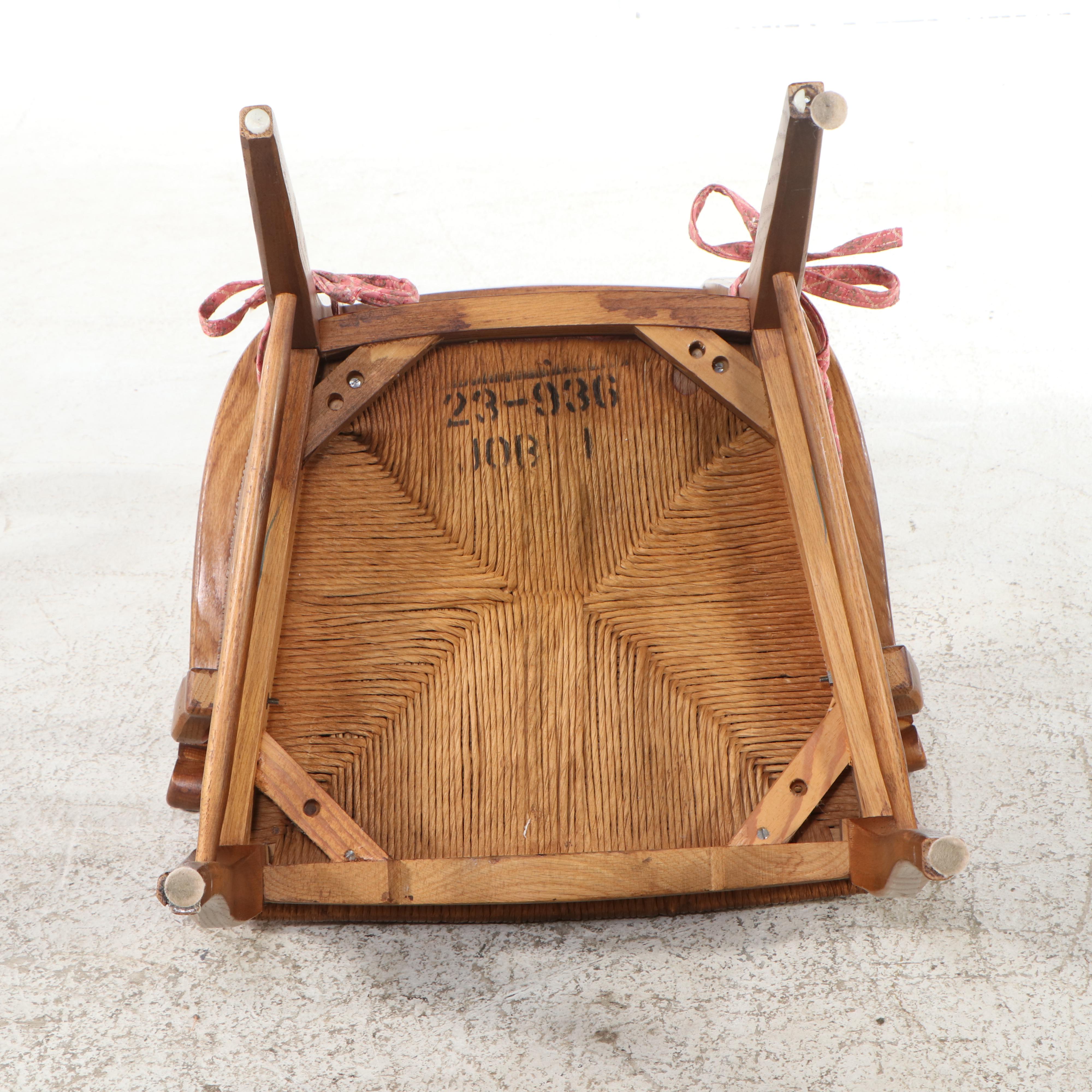 Seven-Piece French Provincial Style Oak Dining Set with Rush-Bottom Chairs