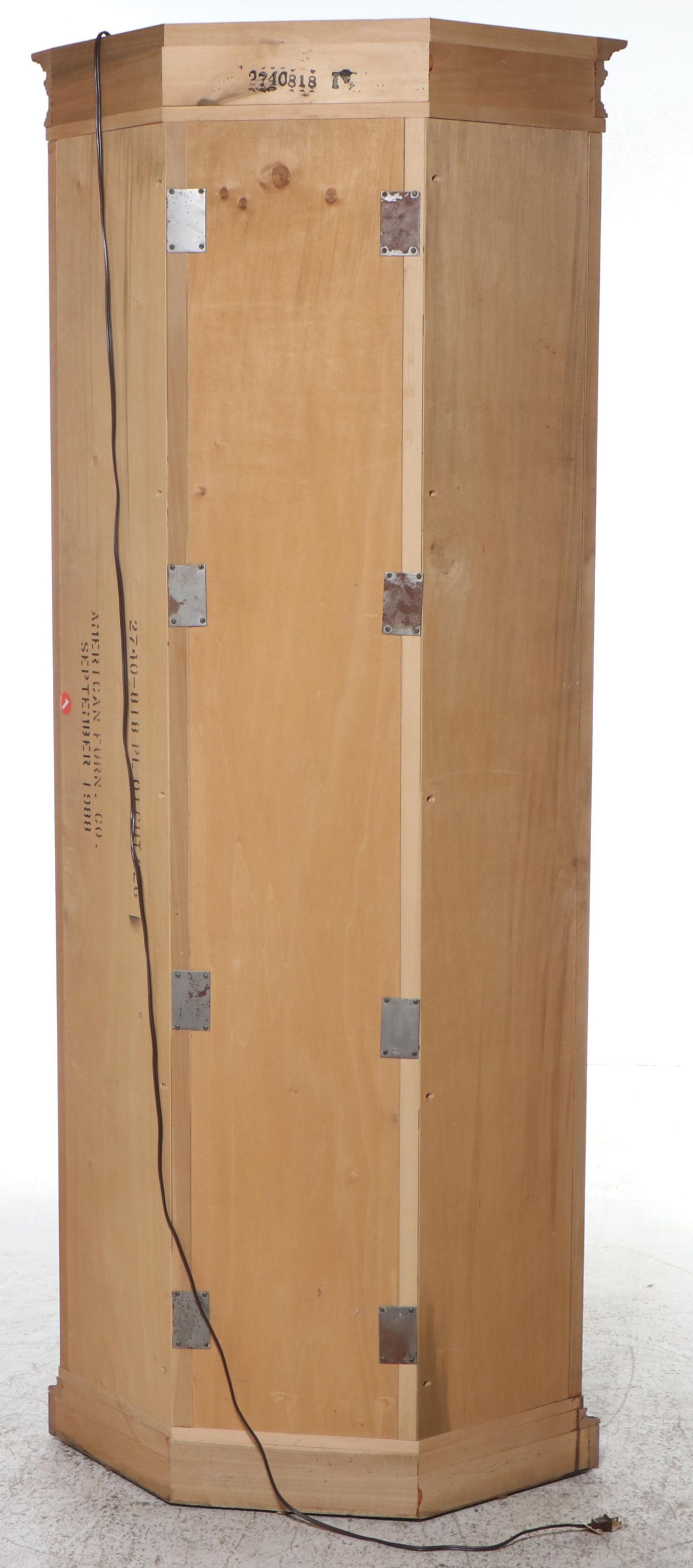 American Furniture Co. Maple Illuminated Corner Display Cabinet, 1988