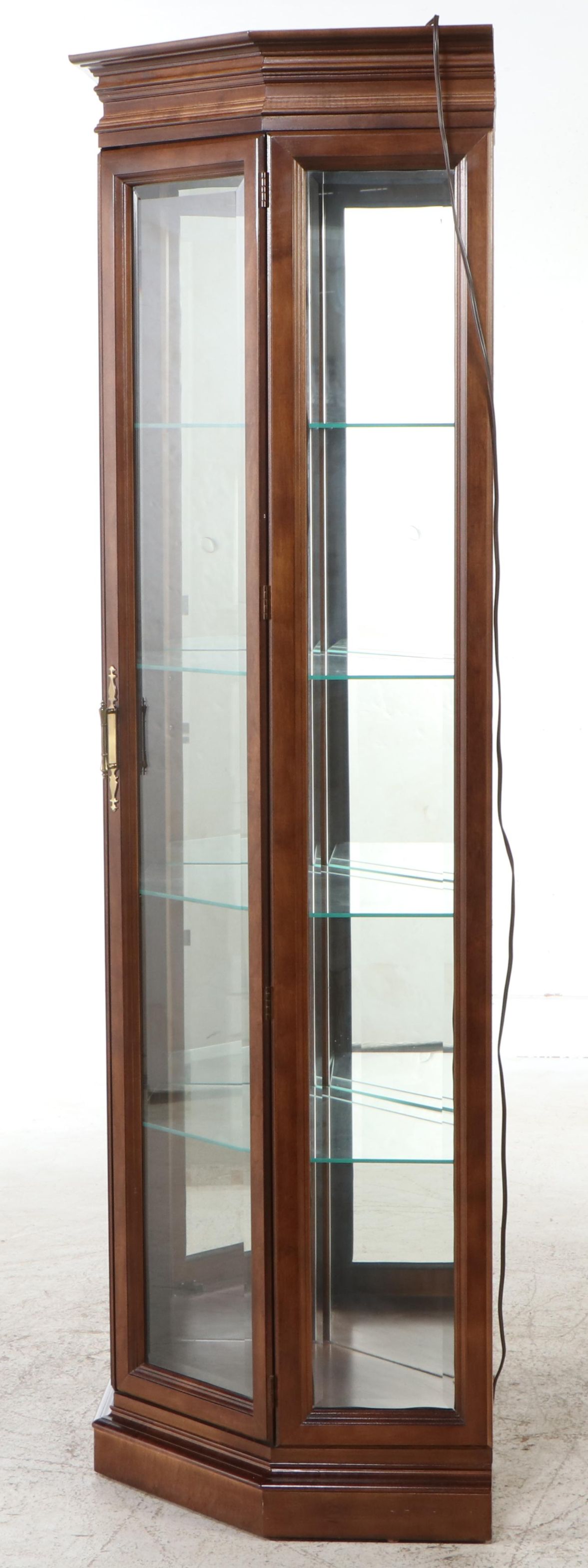 American Furniture Co. Maple Illuminated Corner Display Cabinet, 1988