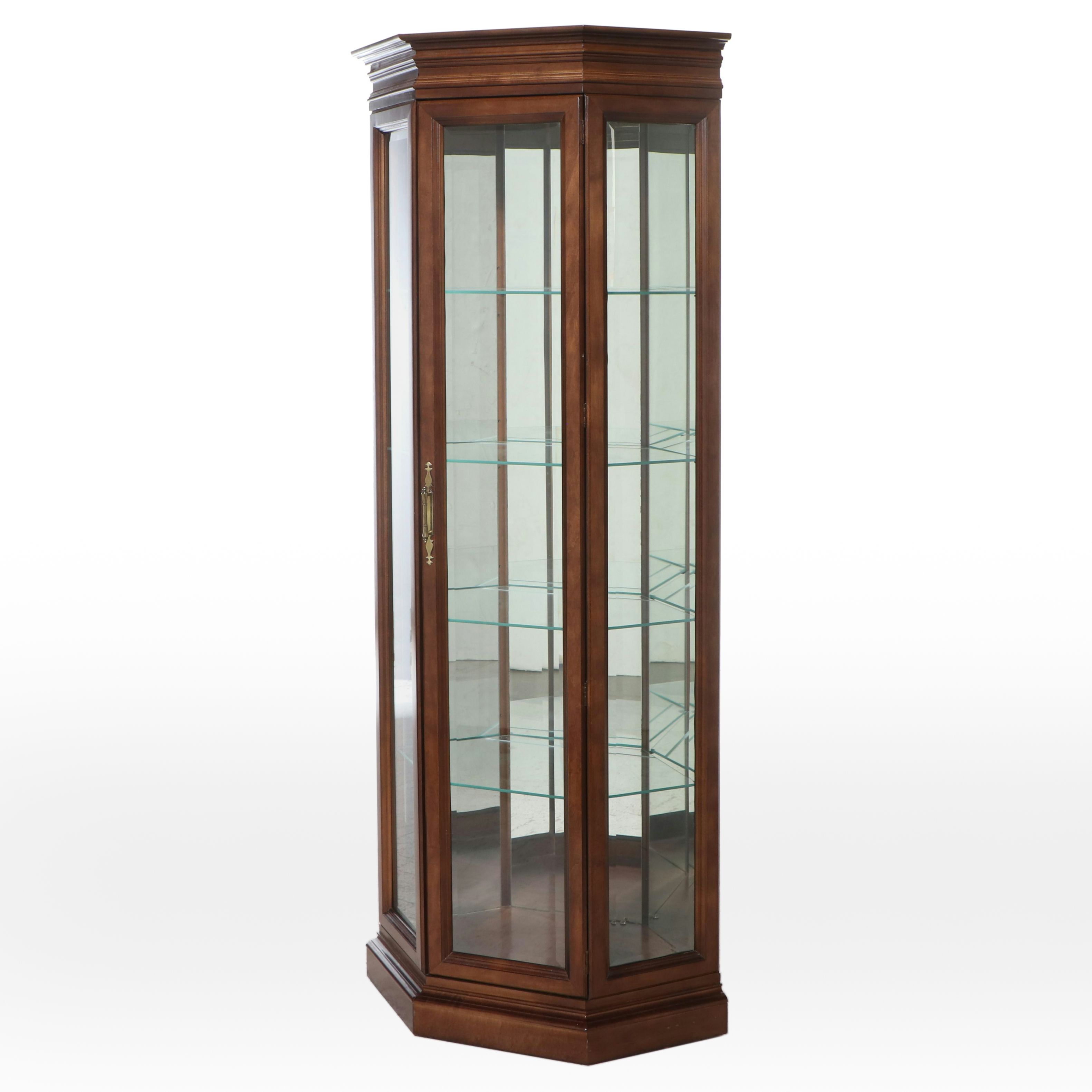 American Furniture Co. Maple Illuminated Corner Display Cabinet, 1988