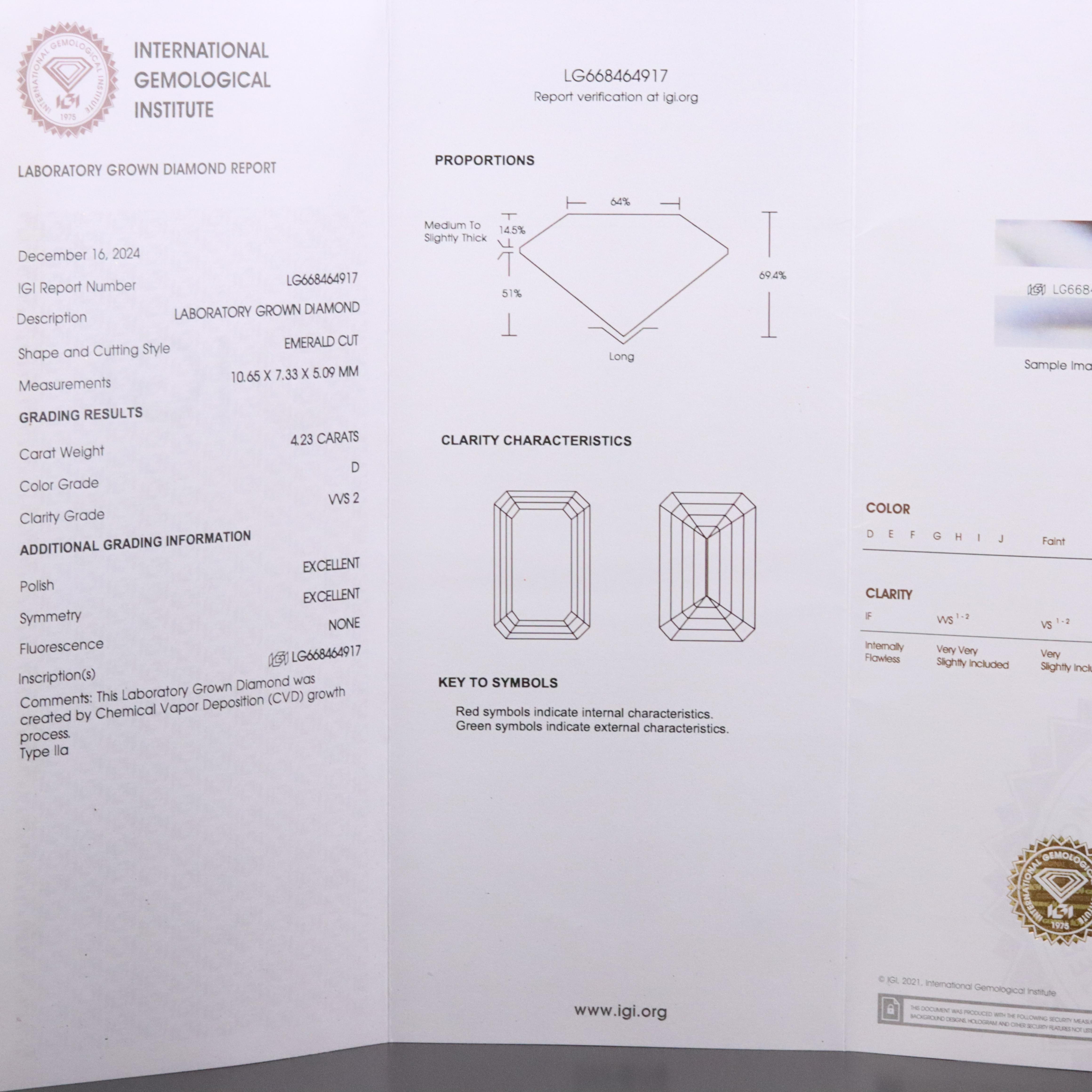 Platinum 4.23 CT Lab Grown Diamond Solitaire Ring with IGI Report