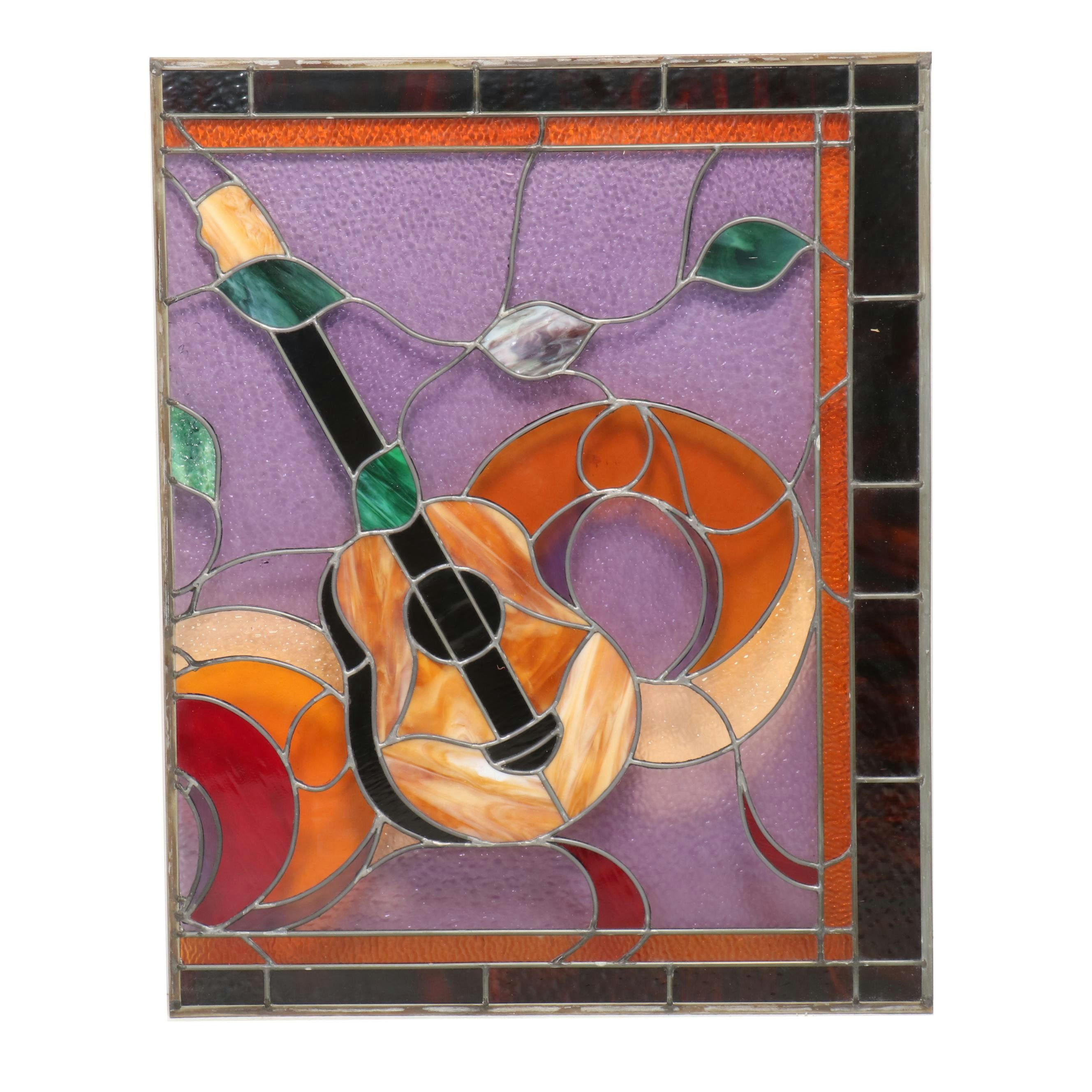 Stained Glass Guitar Motif Part Panel, Mid/ Late 20th Century
