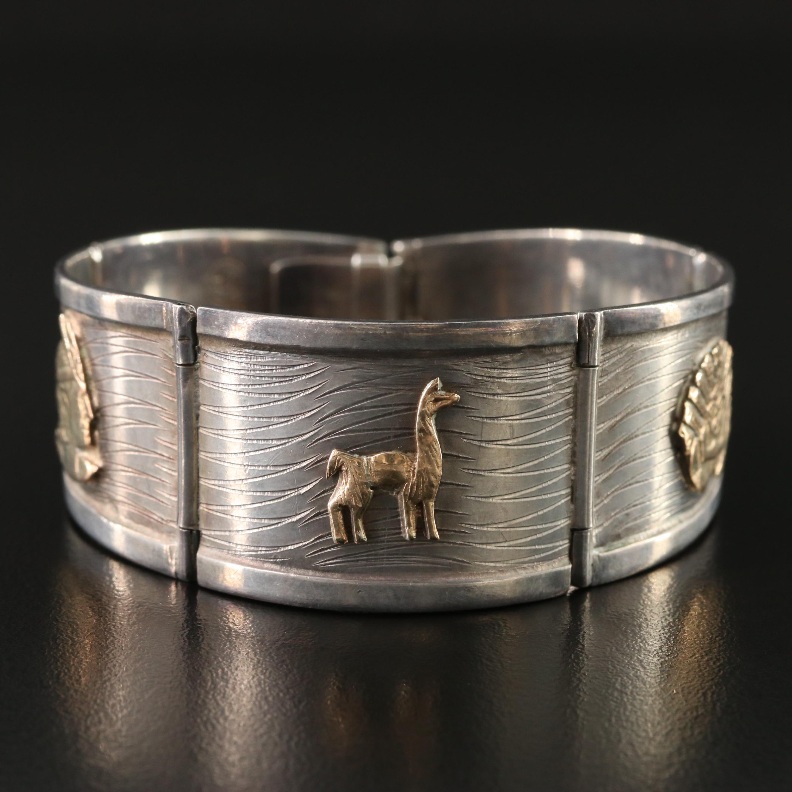Peruvian Sterling Graduated Panel Bracelet with 18K Accents and Incan Theme