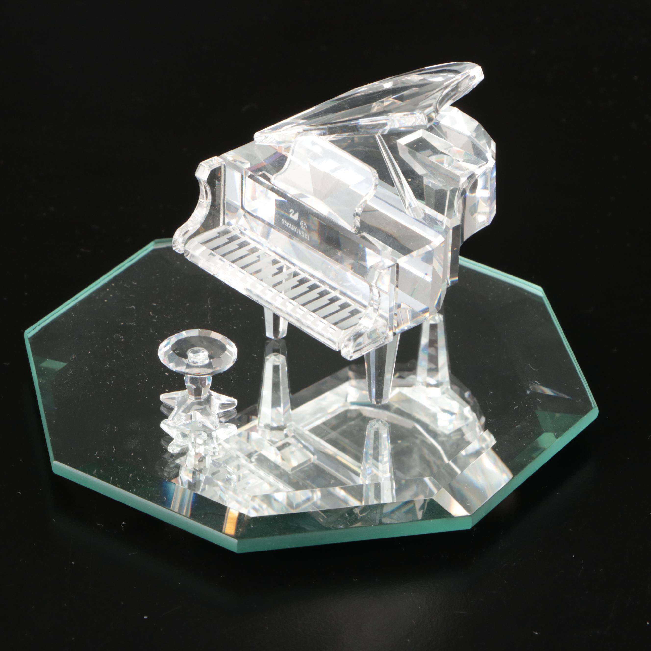 Swarovski Crystal "Dinner Bell" and "Grand Piano with Stool" with Mirrored Stand