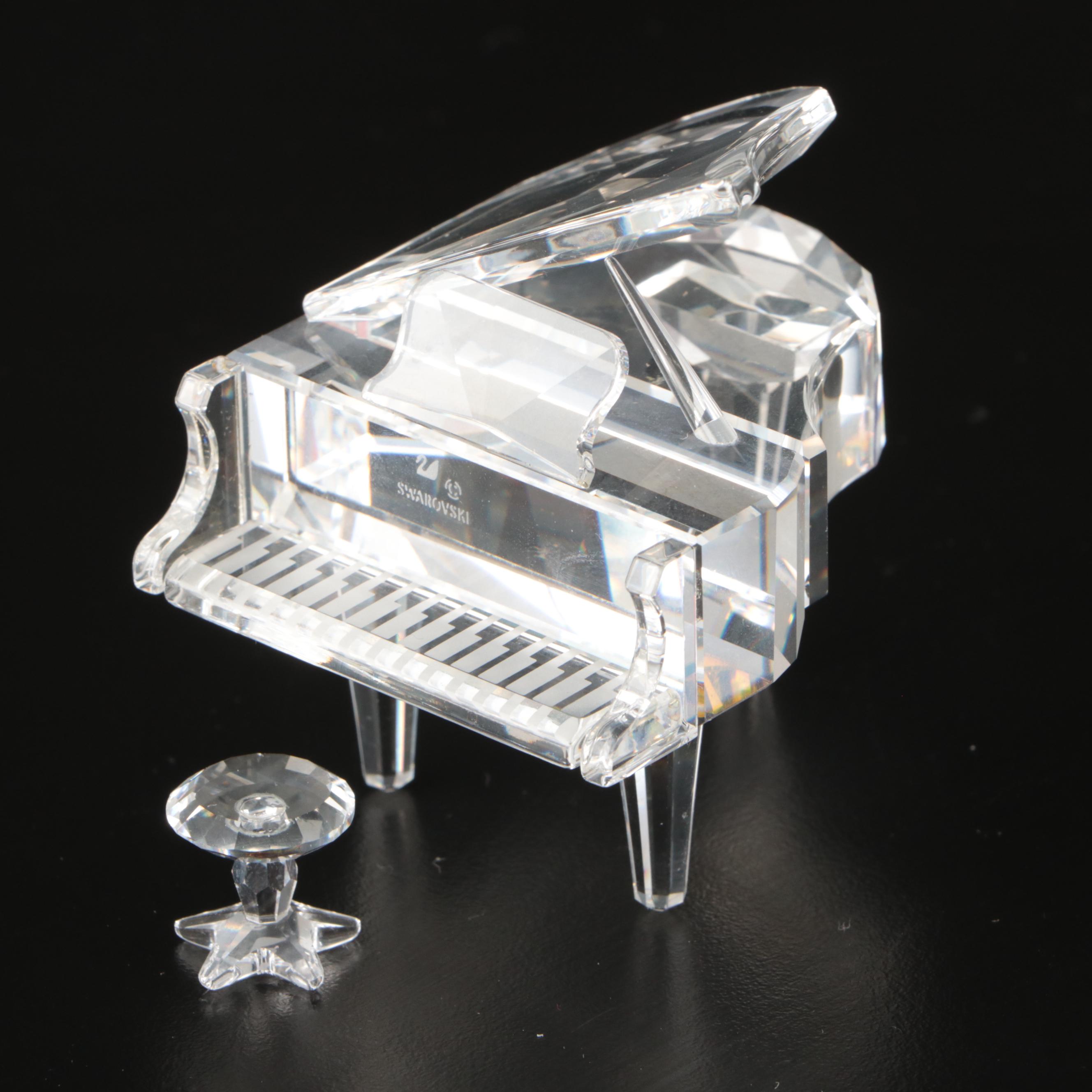 Swarovski Crystal "Dinner Bell" and "Grand Piano with Stool" with Mirrored Stand