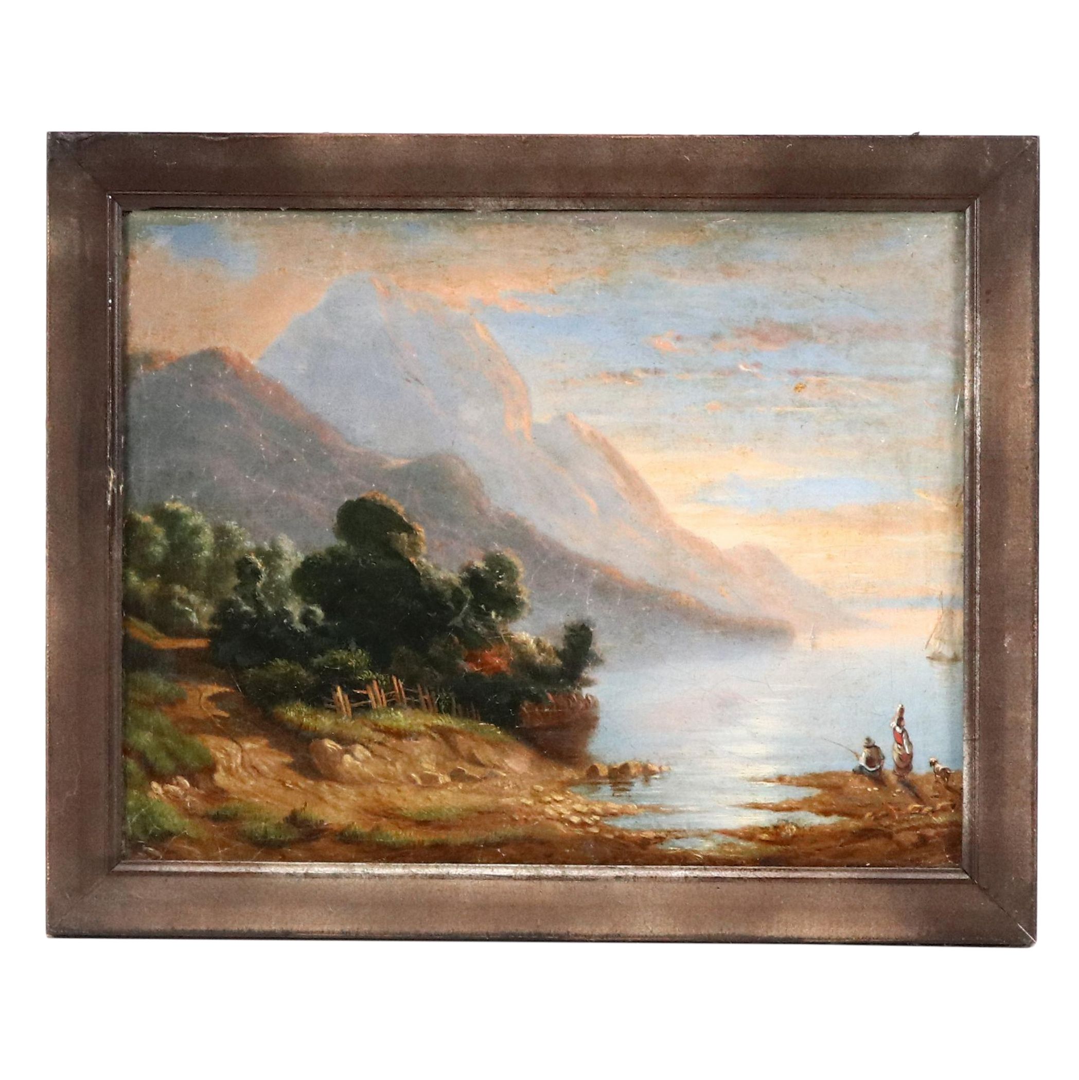 Dutch School Waterside Landscape Painting With Figures and Dog, 19th Century