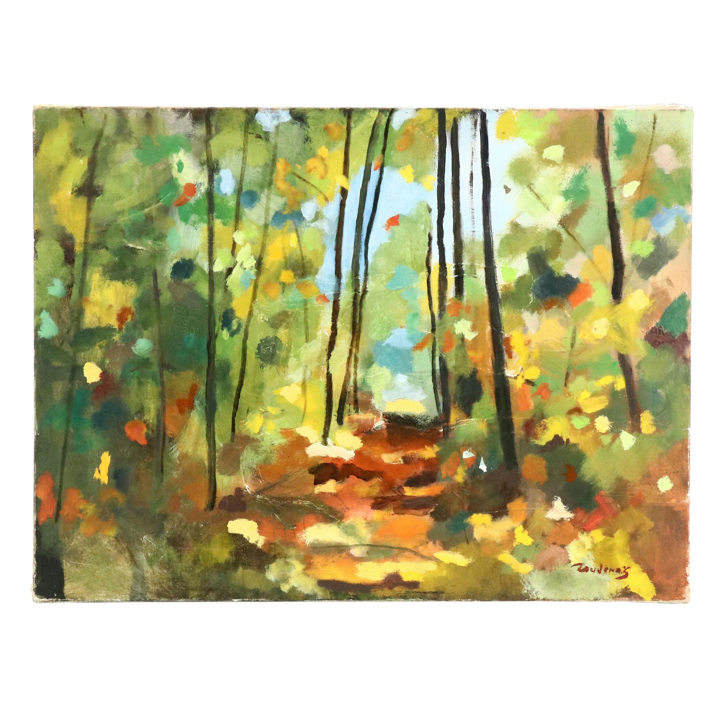 French Stylized Forest Landscape Painting, Late 20th Century