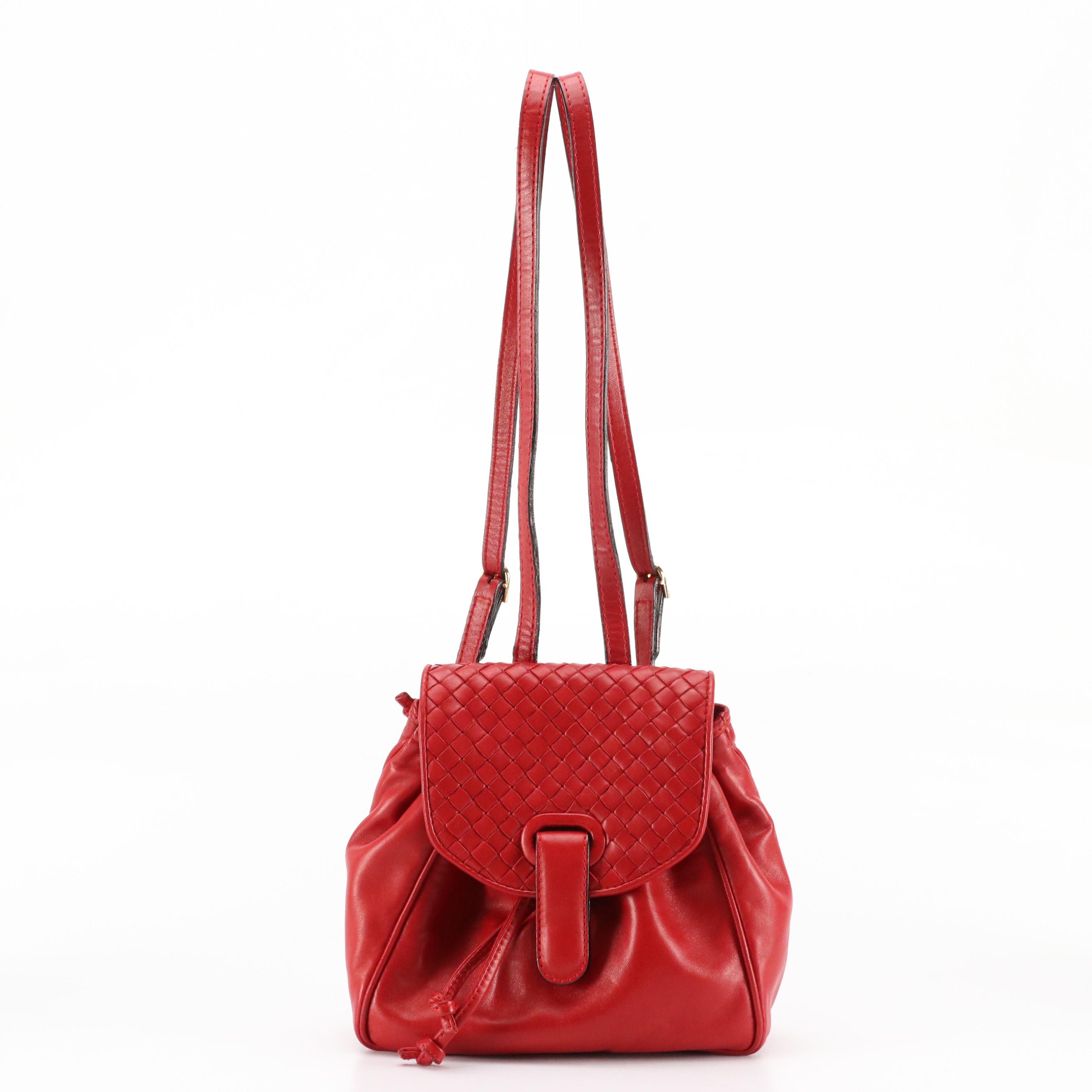 Bottega Veneta Mini Backpack Purse in Red Leather with Intrecciato Detail
