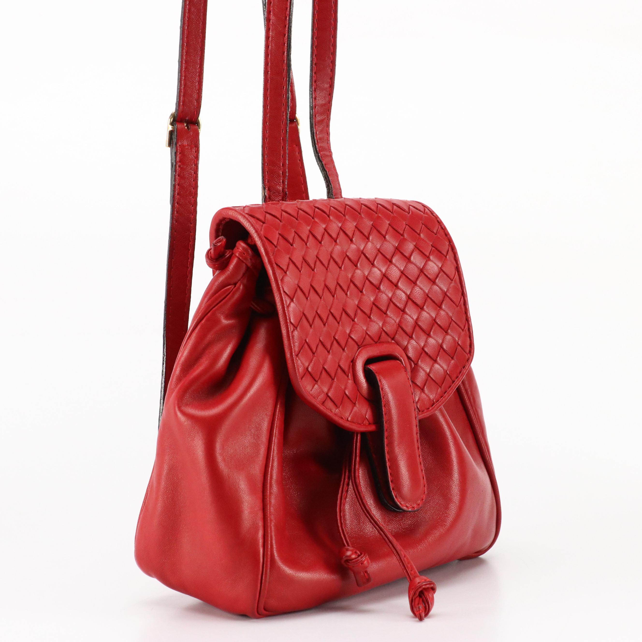 Bottega Veneta Mini Backpack Purse in Red Leather with Intrecciato Detail