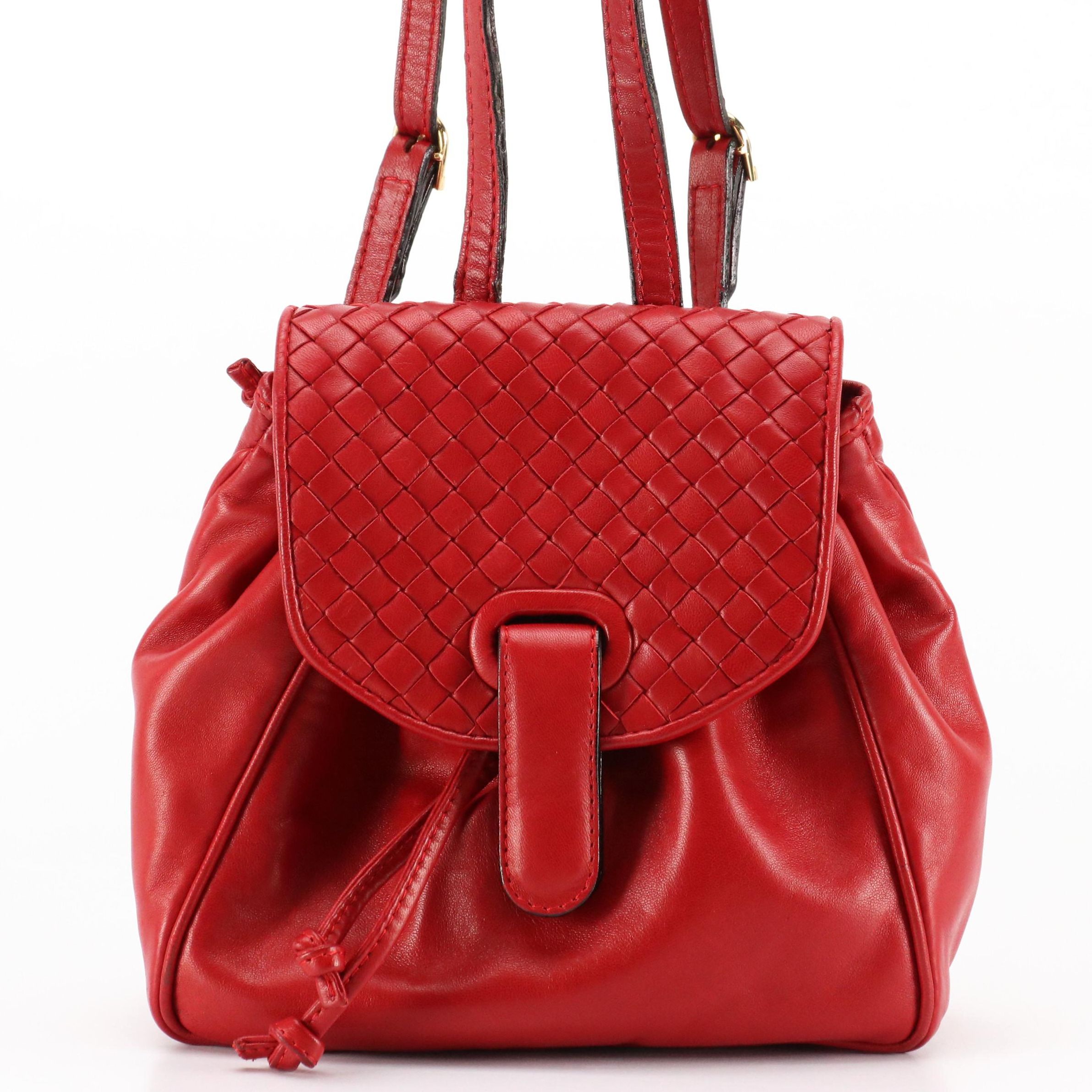 Bottega Veneta Mini Backpack Purse in Red Leather with Intrecciato Detail